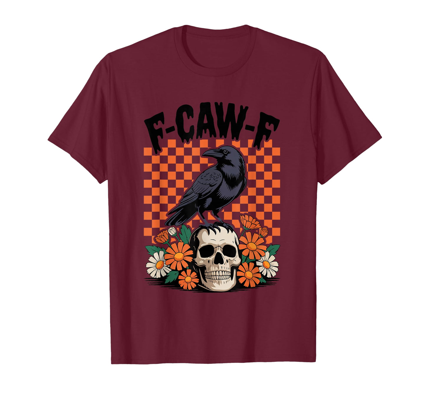 Funny F-Caw-F Black Crow Bird Orange Checkered Design T-Shirt