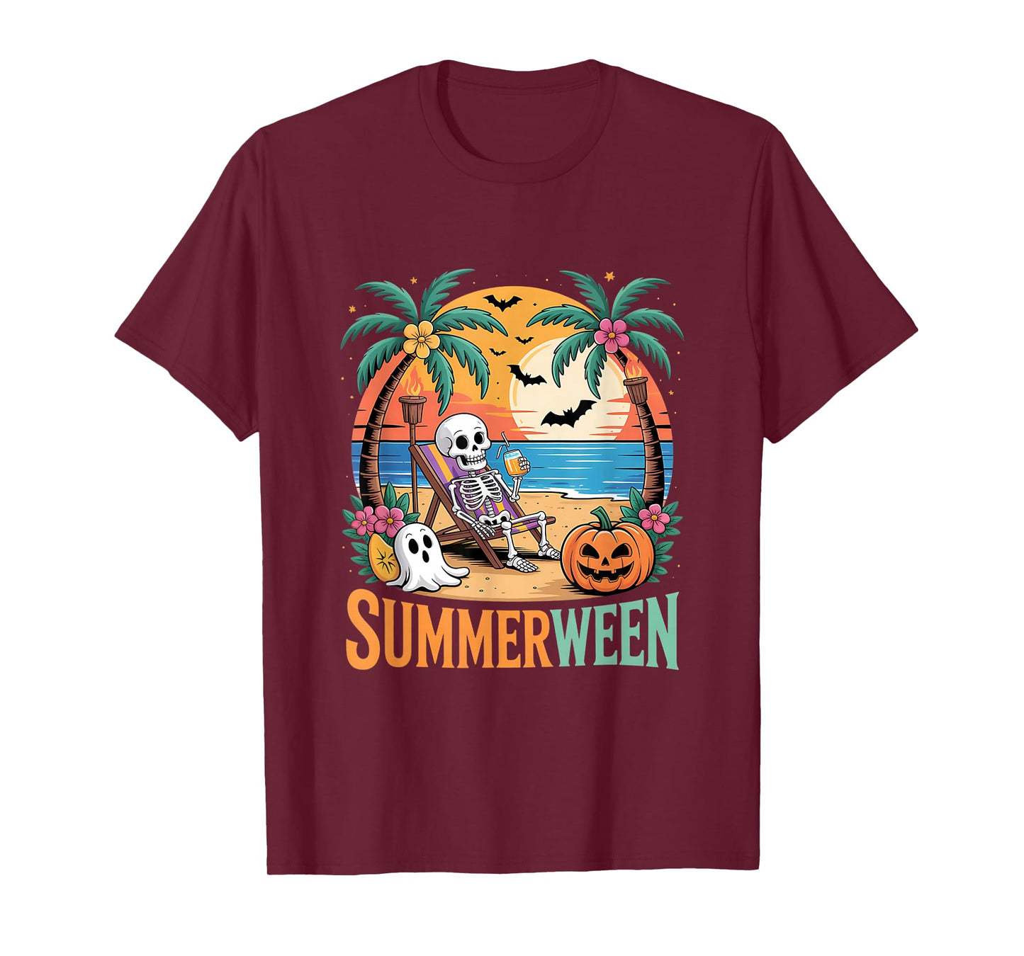 Summerween Tropical Beach Skeleton Sunset Scene Halloween T-Shirt