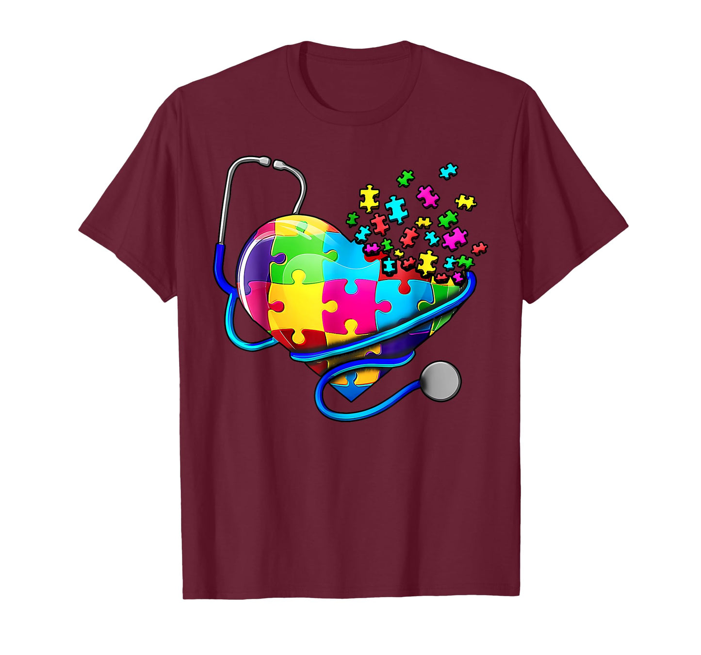 Autism Awareness Nurse Stethoscope Heart ASD Scrub Top Women T-Shirt