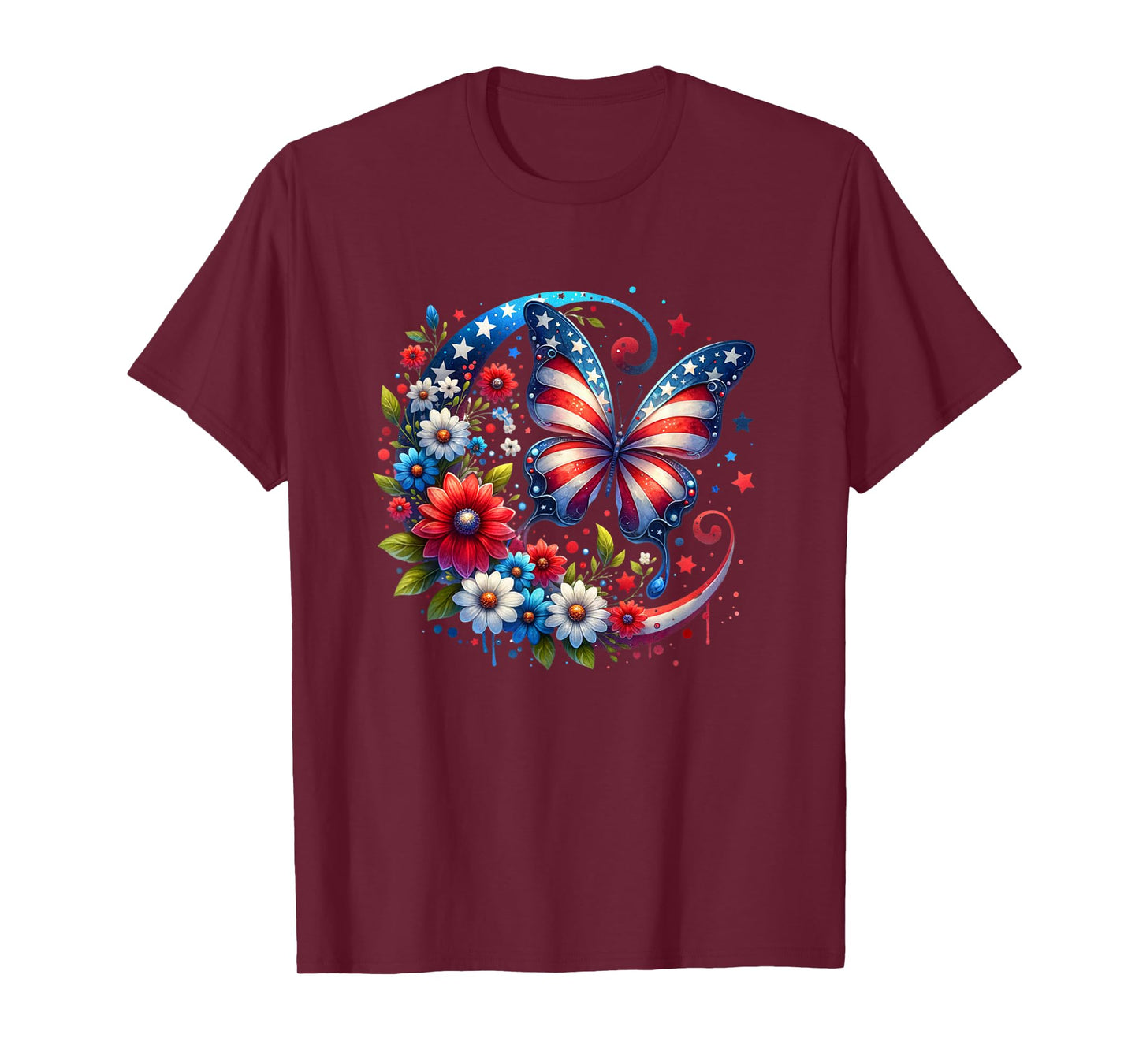 American Flag Red White Blue Butterfly Design T-Shirt