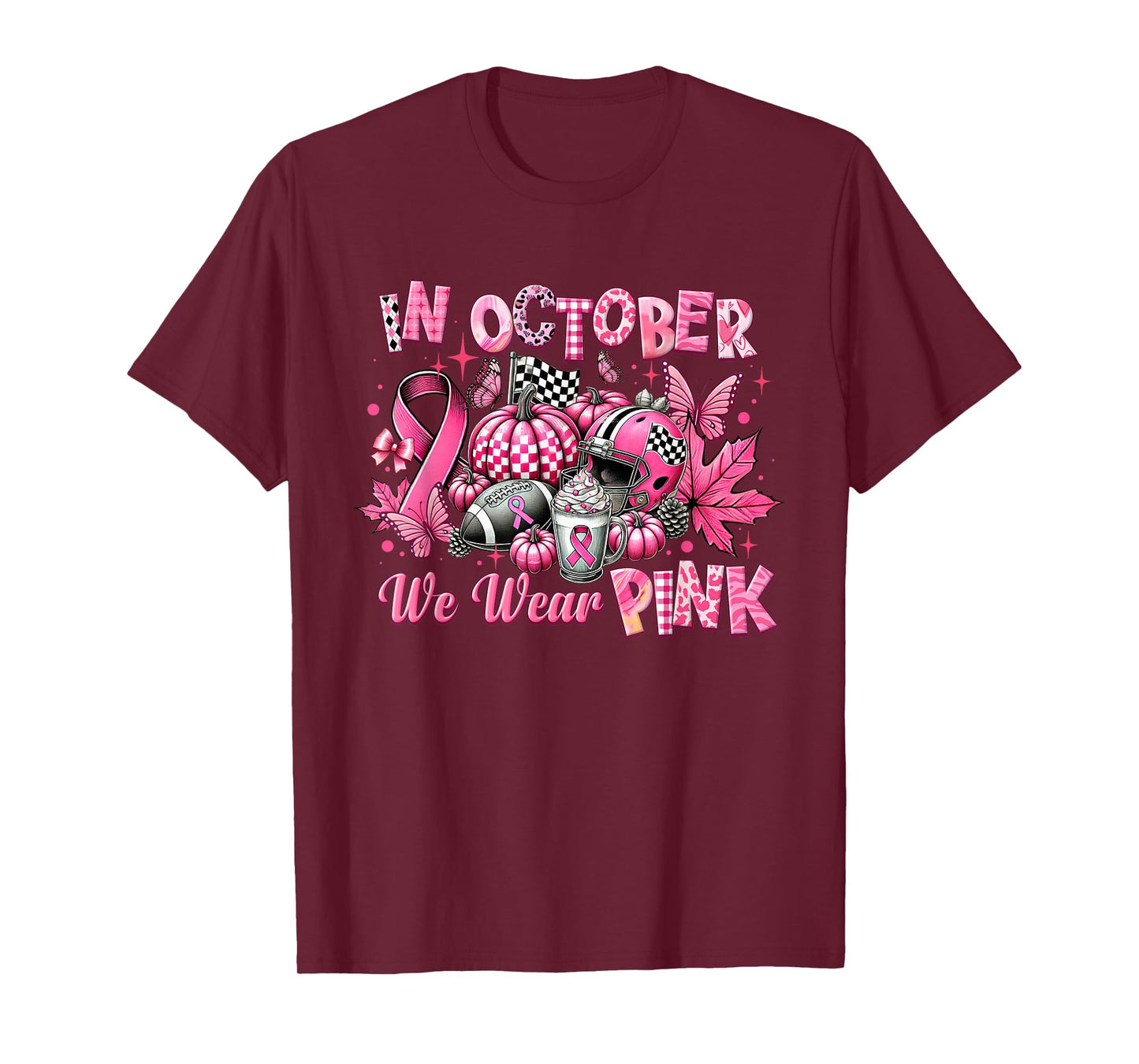 In October We Wear Pink Breast Cancer Pumpkin Football T-Shirt
