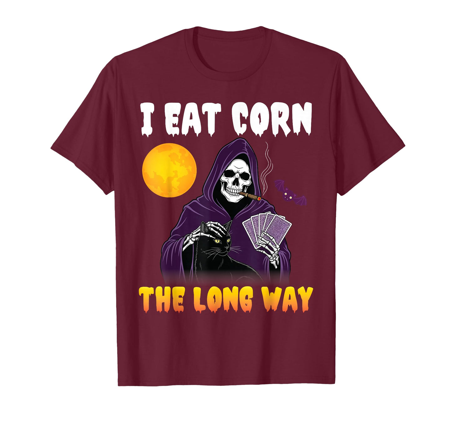 I Eat Corn The Long Way Grim Reaper with Black Cat Funny T-Shirt