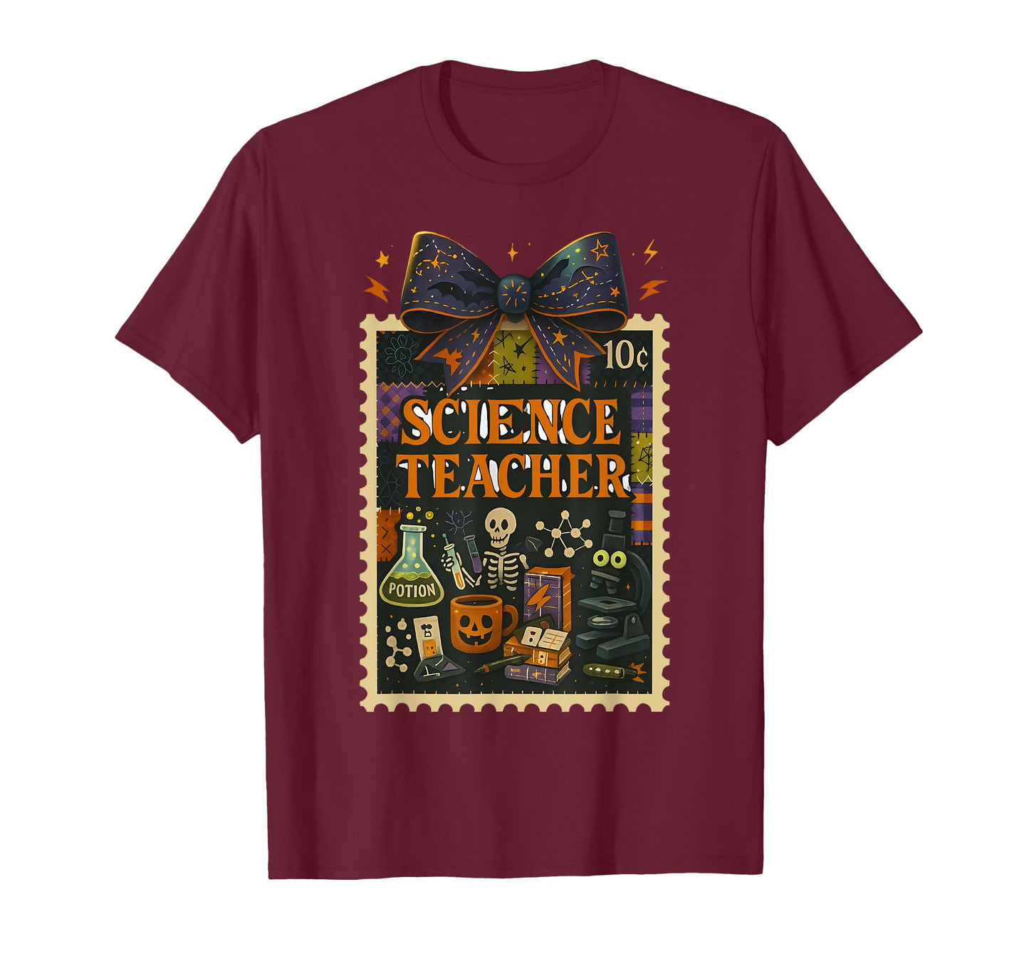 Science Teacher Skeleton Halloween Spooky STEM Classroom Bow T-Shirt