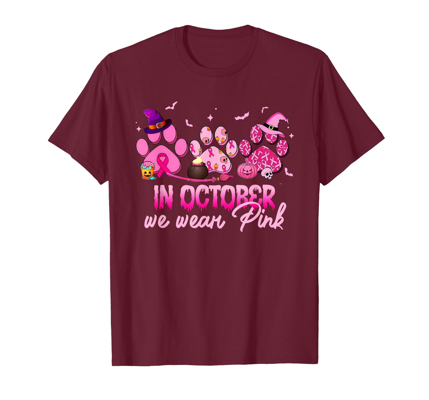 In October We Wear Pink Dog Cat Paw Breast Cancer Awareness T-Shirt