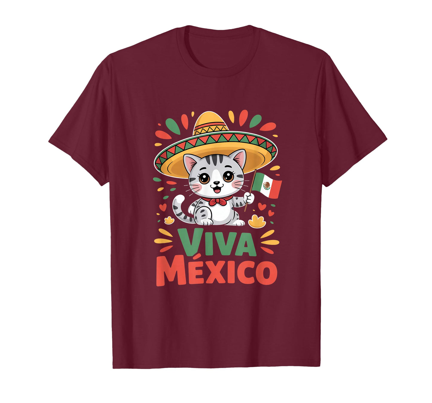 Viva Mexico Cute Cat Sombrero Mexican Flag Independence Day T-Shirt