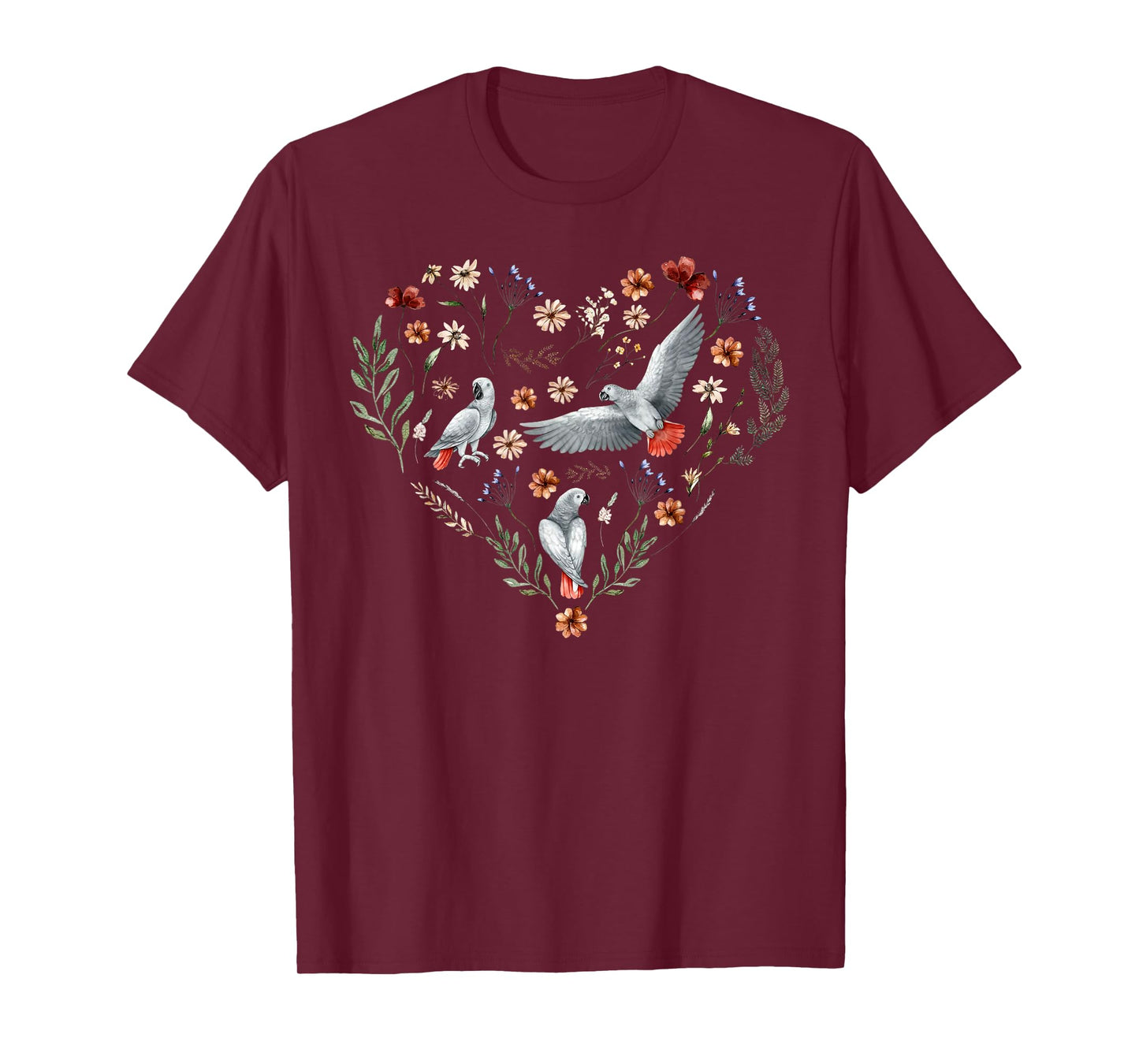 African Grey Parrot Flower Heart Nature Bird Lover Women Kid T-Shirt
