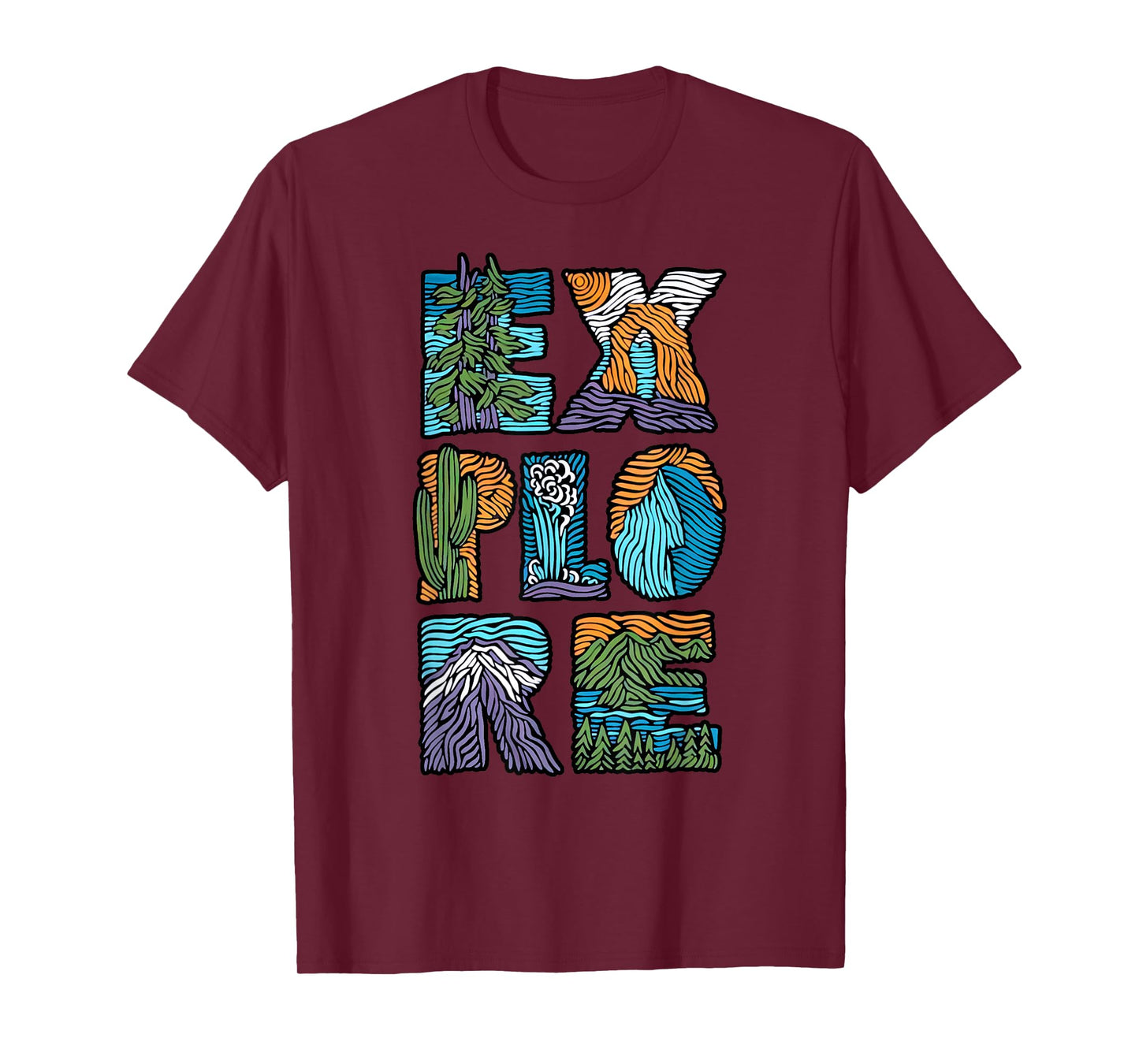Explore Nature Outdoor National Park Hiker Camper Unisex-Adults,Unisex-Kids Modern Letter Print T-Shirt Black Small Crew Neck Short Sleeve