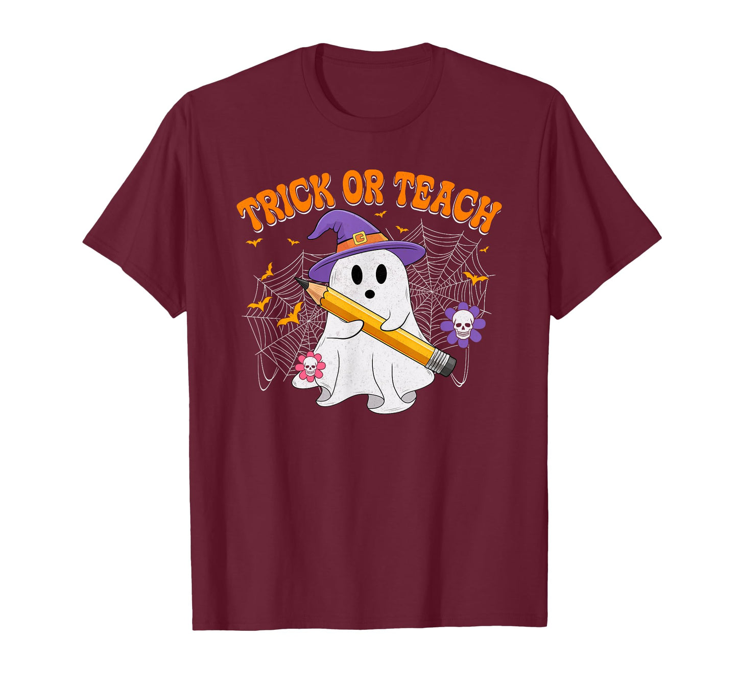 Trick Or Teach Boo Ghost Groovy Halloween Costume Teacher T-Shirt