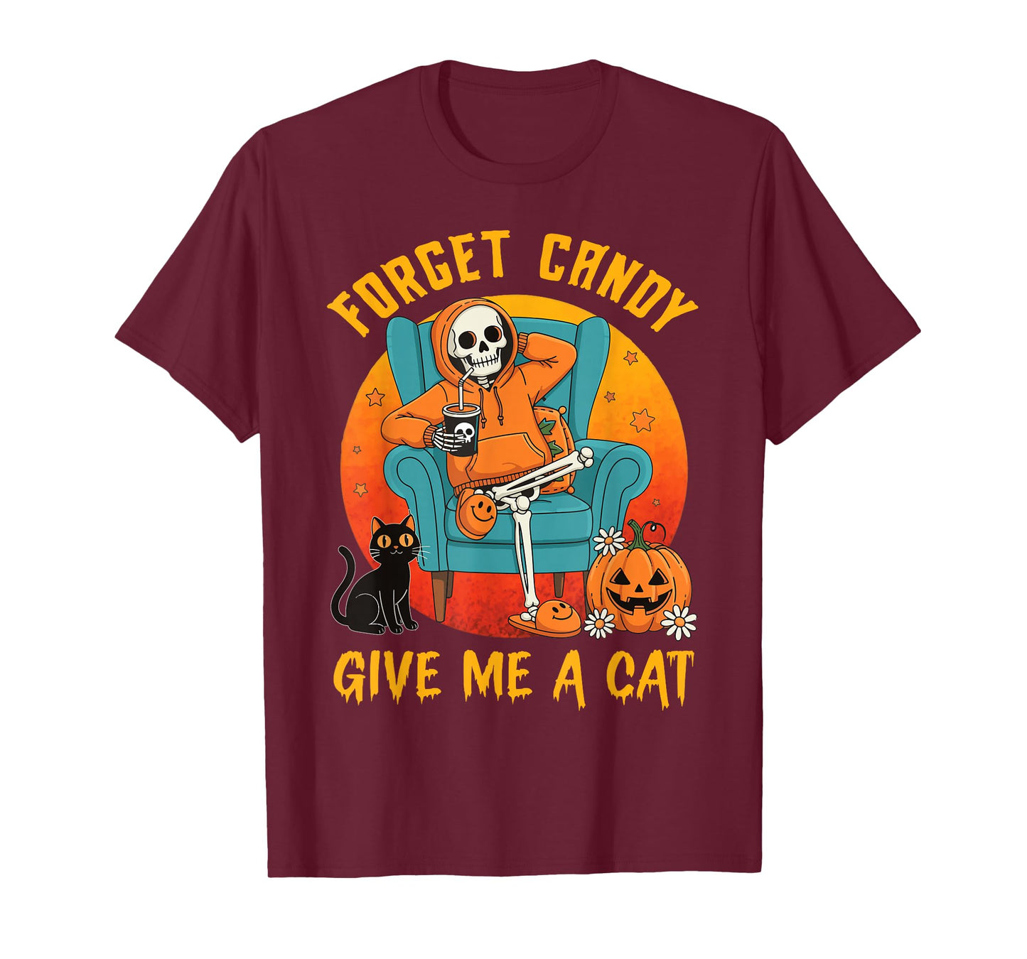Forget Candy Give Me A Black Cat Halloween Spooky Skeleton T-Shirt
