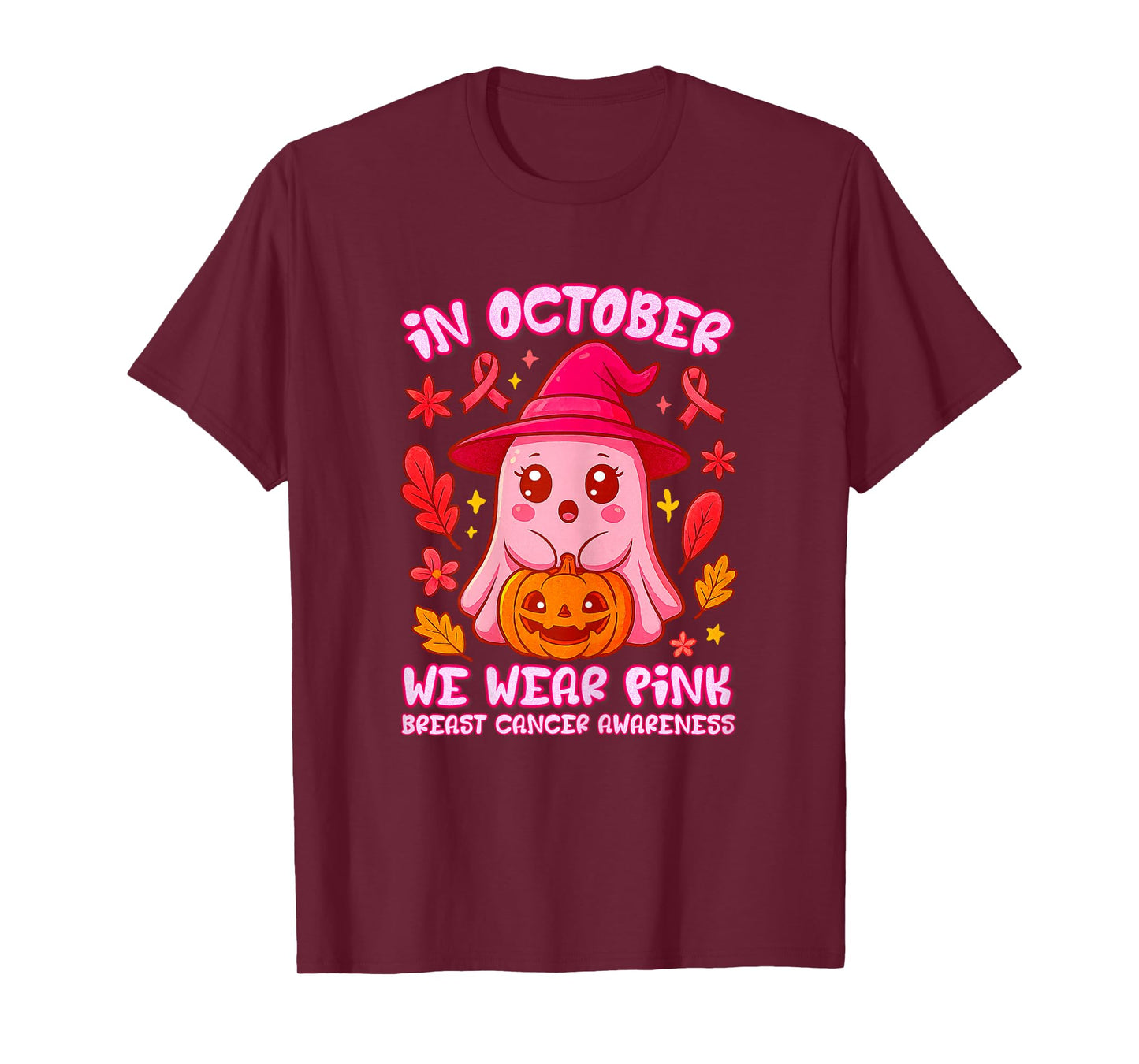 in October We Wear Pink – Cute Ghost Breast Cancer Awareness T-Shirt