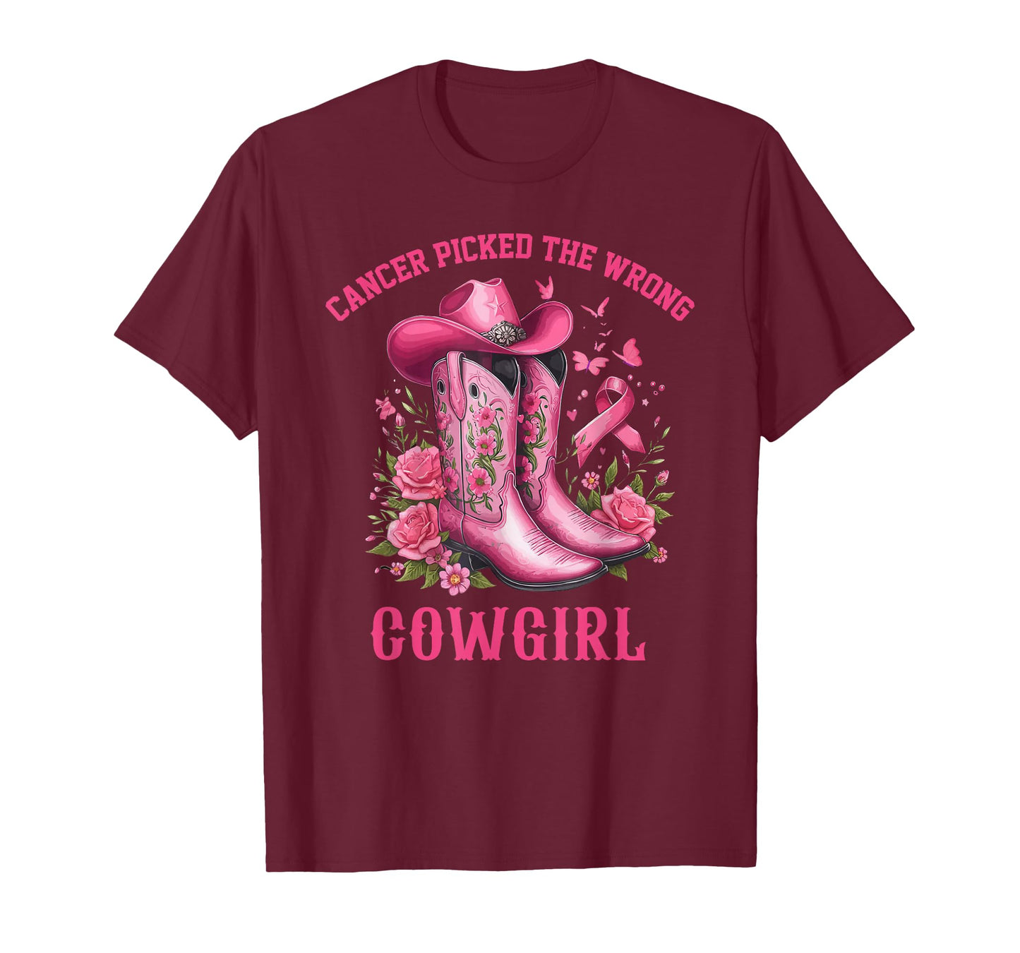 Pink Ribbon Cowboy Hat Boots Cancer Picked The Wrong Cowgirl T-Shirt
