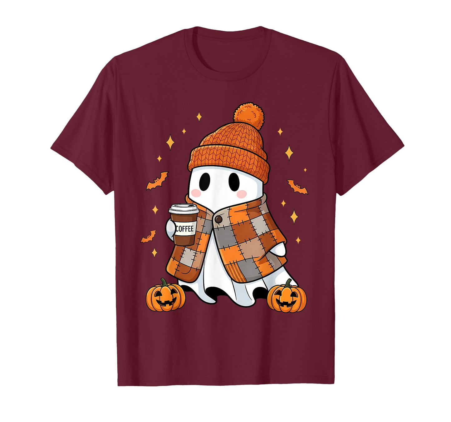 Ghost Drinking Coffee Halloween Patchwork Ghost T-Shirt
