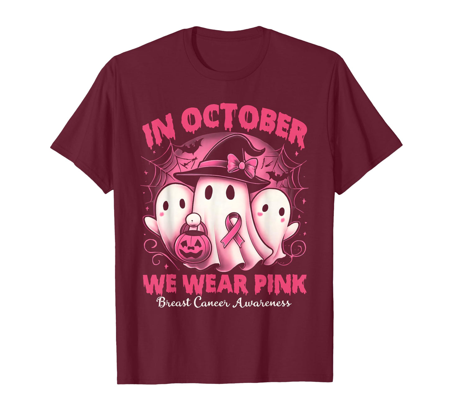 in October We Wear Pink Ghost Halloween Women Breast Cancer T-Shirt