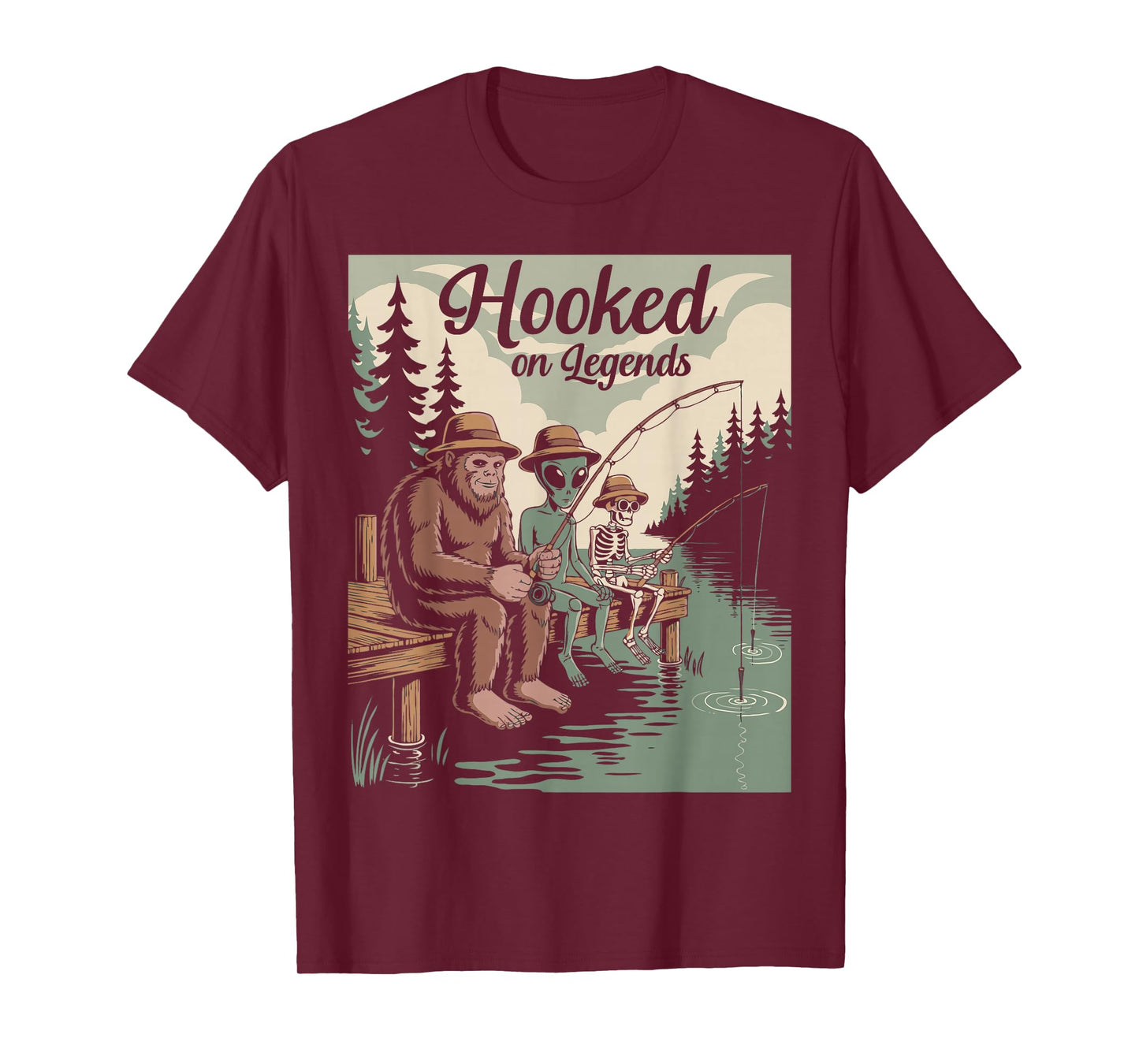 Spooky Fishing Hooked on Legends Bigfoot Halloween T-Shirt