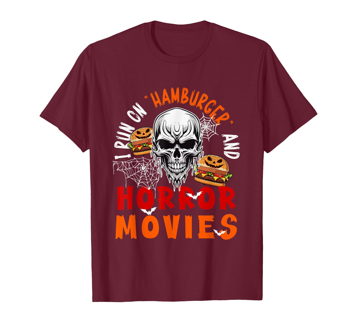 Running On Hamburger and Horror Movies Halloween Skull T-Shirt