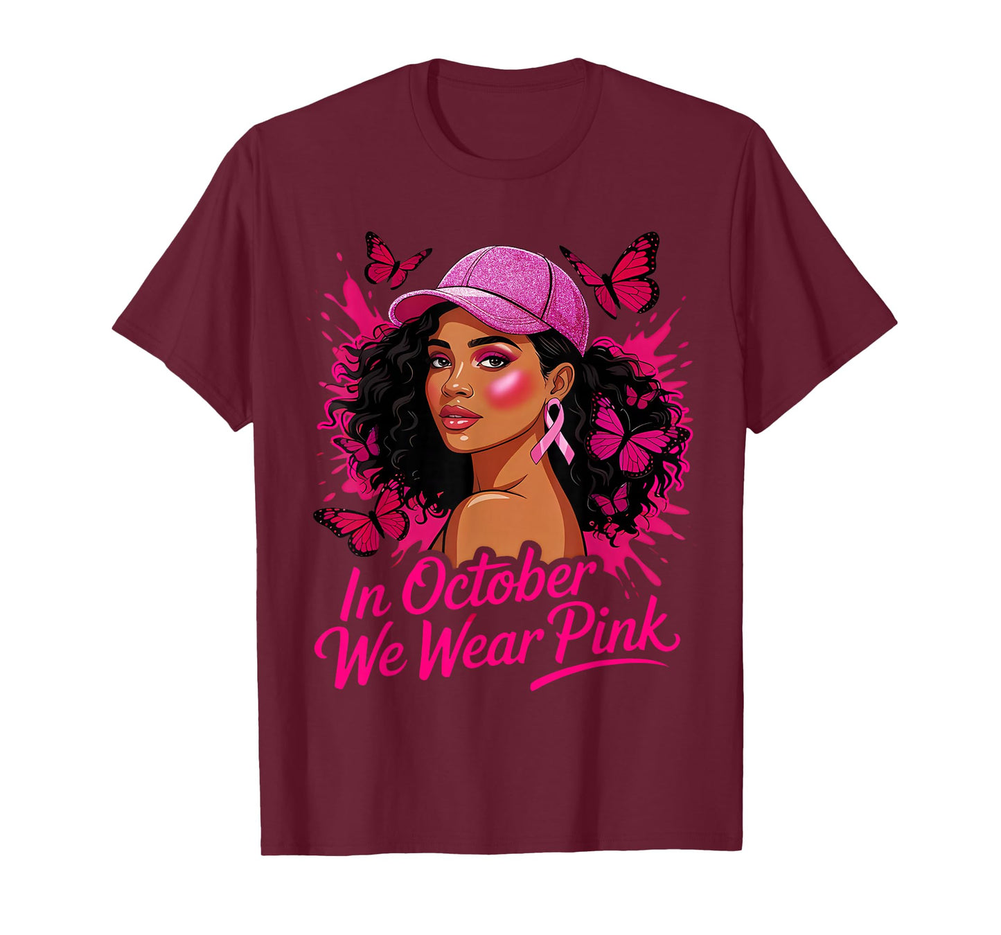 in October We Wear Pink Breast Cancer Awareness Afro Woman T-Shirt