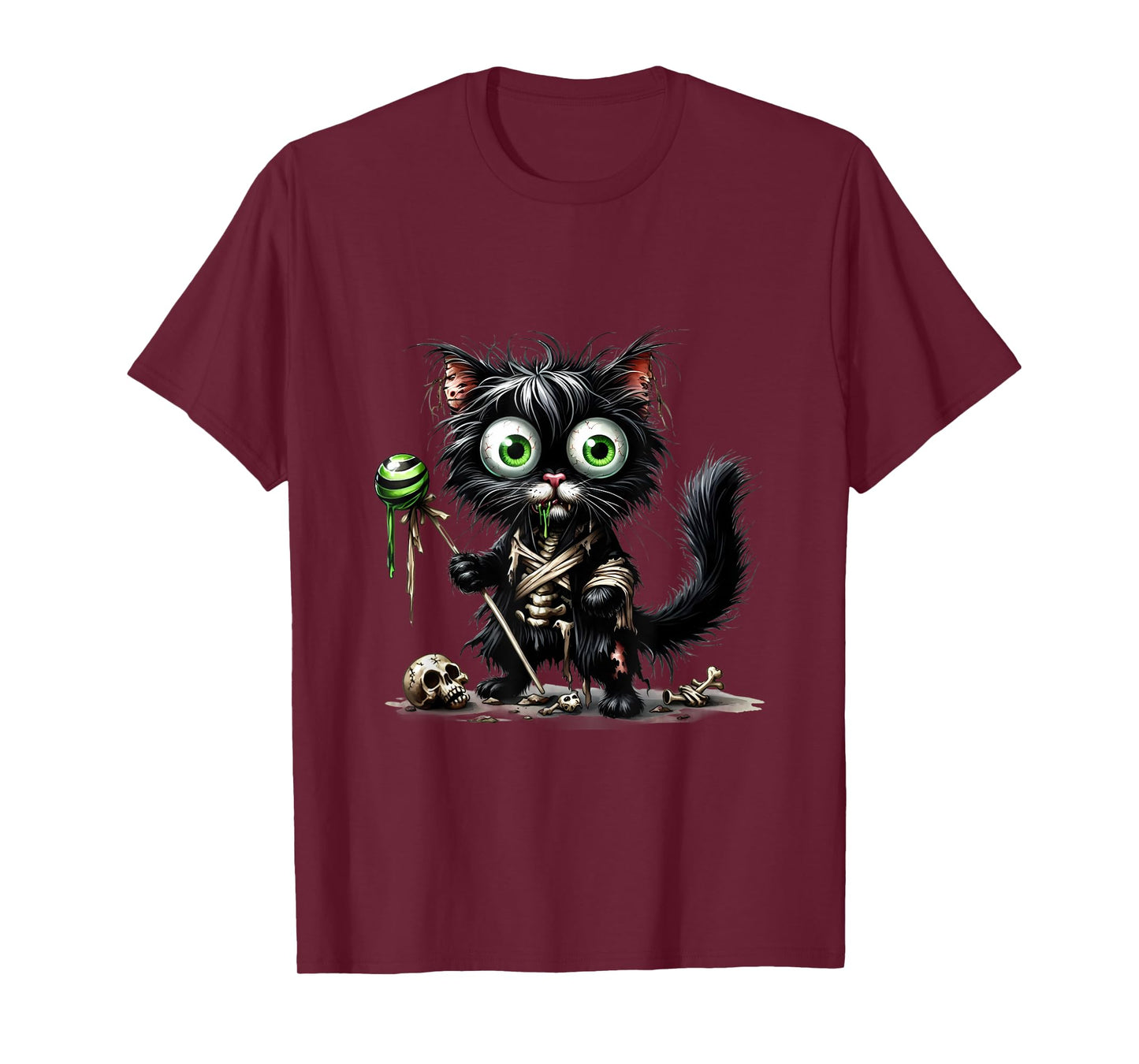 Cute cat Kitten Halloween Black Skeleton Cartoon T-Shirt
