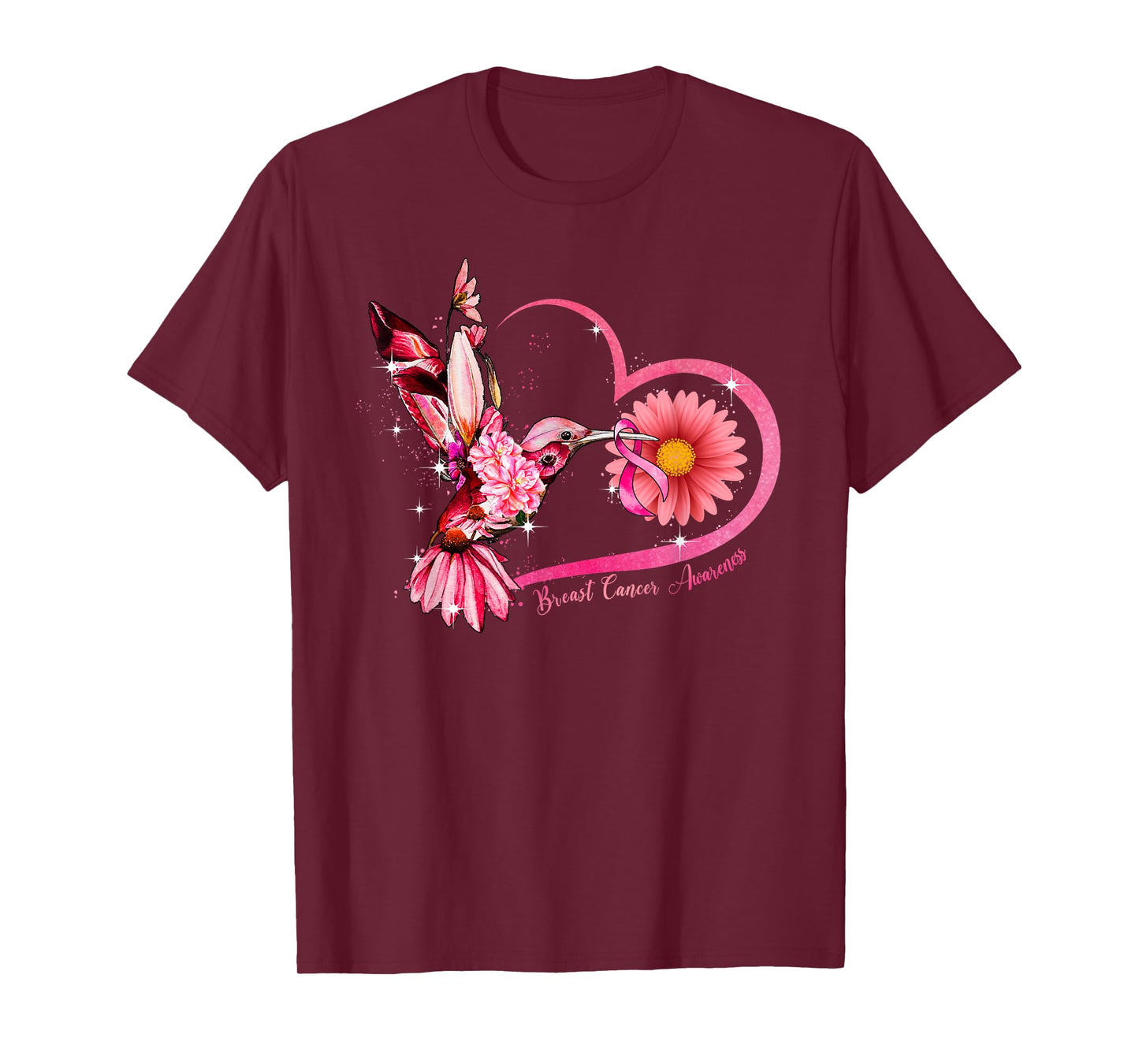Hummingbird Sunflower Pink Ribbon Breast Cancer Awareness T-Shirt