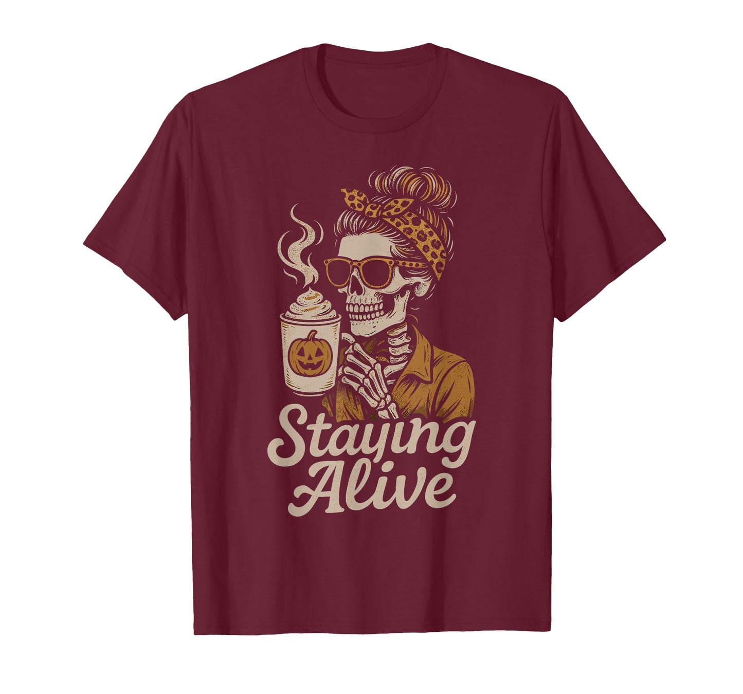 Staying Alive Spooky Skeleton Coffee Retro Halloween T-Shirt
