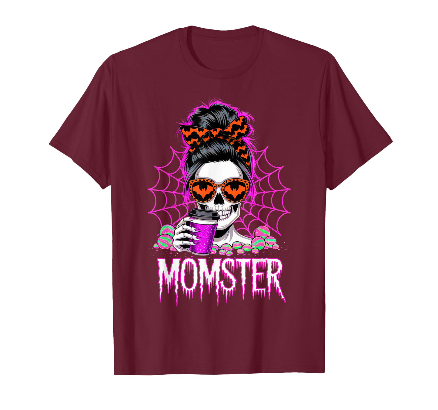 Momster Halloween Costume Skeleton Messy Bun Mother Coffee T-Shirt