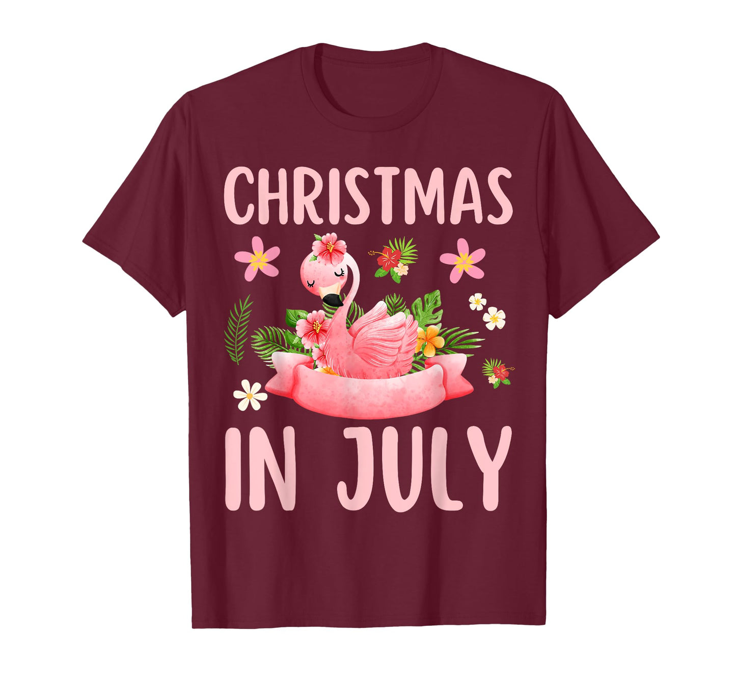 Christmas In July Shirts for Women Pink Flamingo T-Shirt