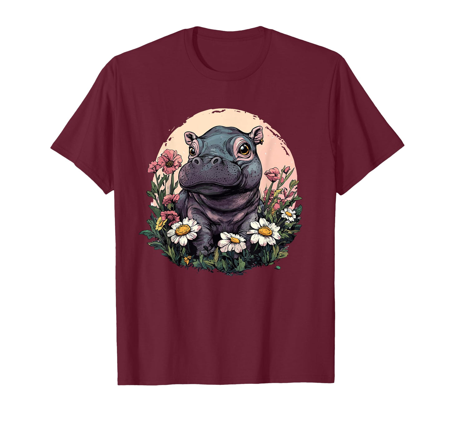 Adorable Hippo In Flower Garden Cute Scene T-Shirt