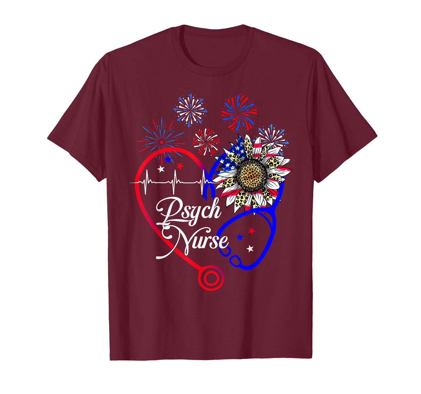 Patriotic American Psych Nurse Sunflower 4th Of July Nursing T-Shirt