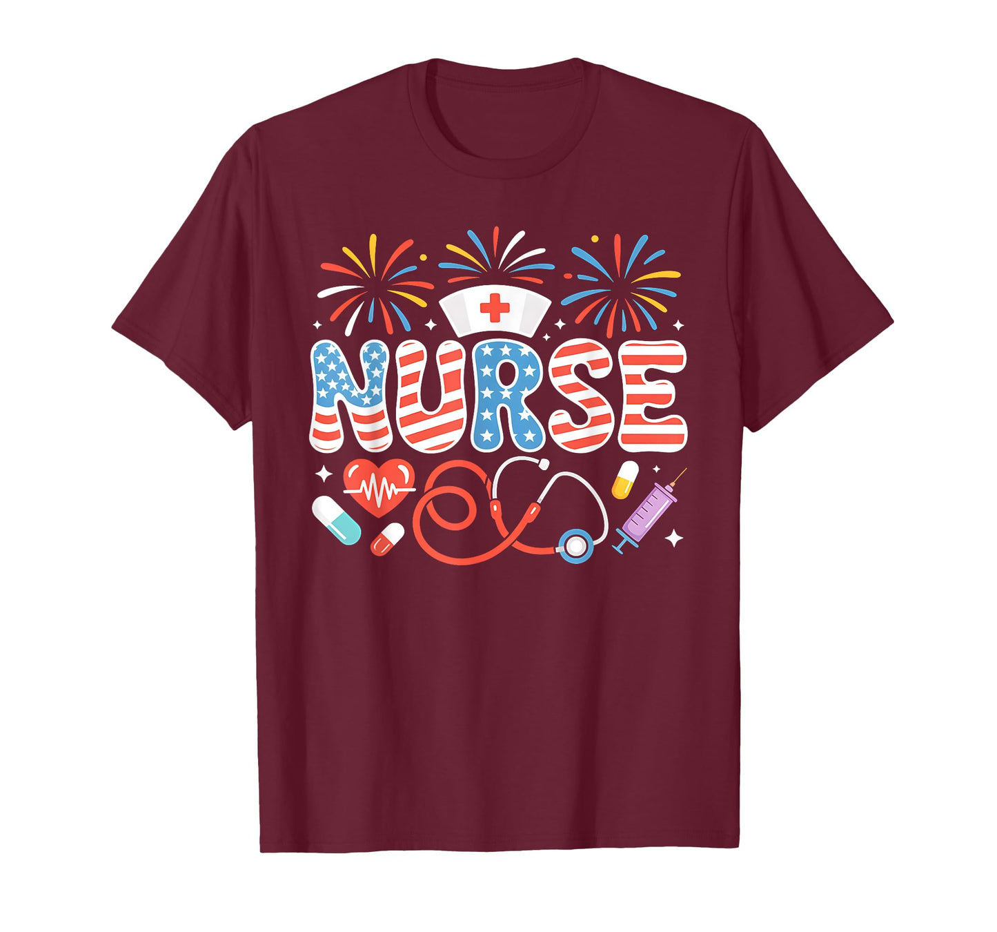 Patriotic Nurse 4th of July American Flag Medical Fireworks T-Shirt
