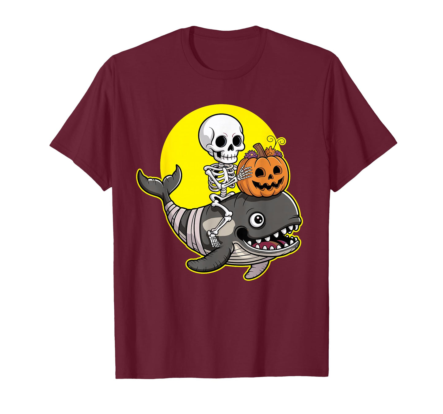 Skeleton Riding Whale with Pumpkin Halloween T-Shirt