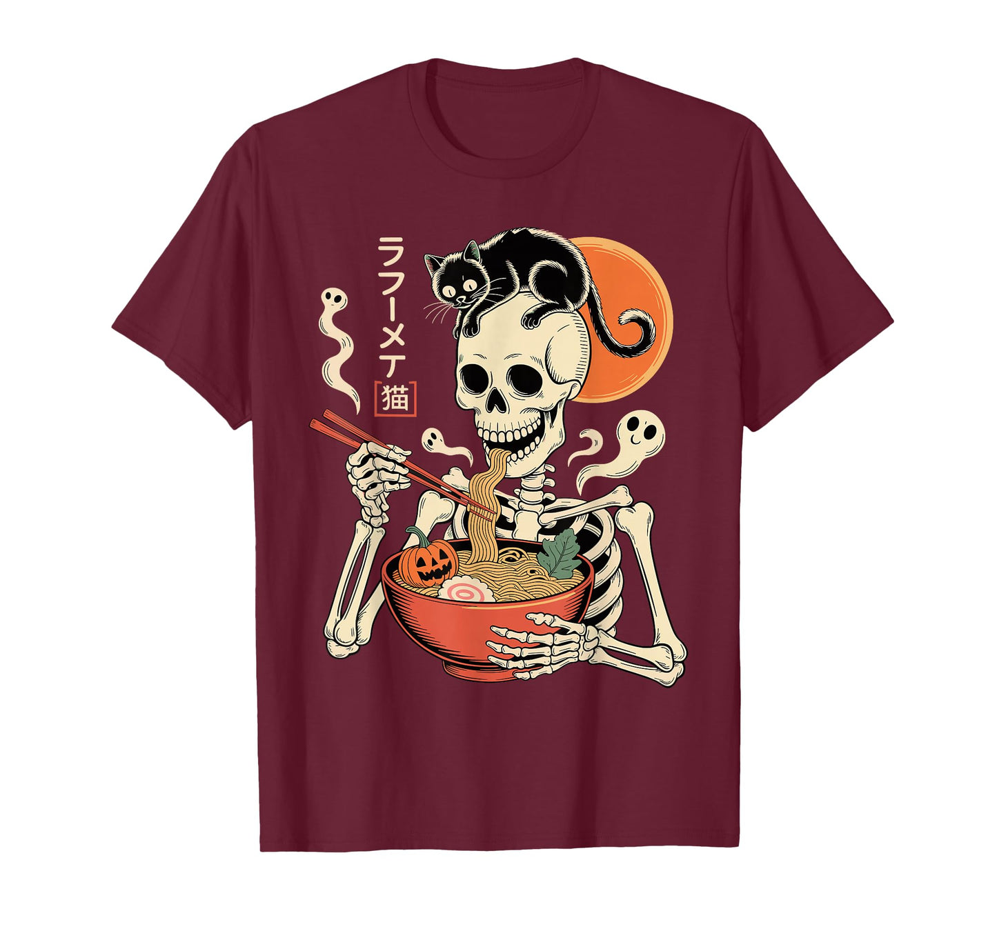 Spooky Skeleton Eating Ramen Bowl with Cat Halloween Art T-Shirt