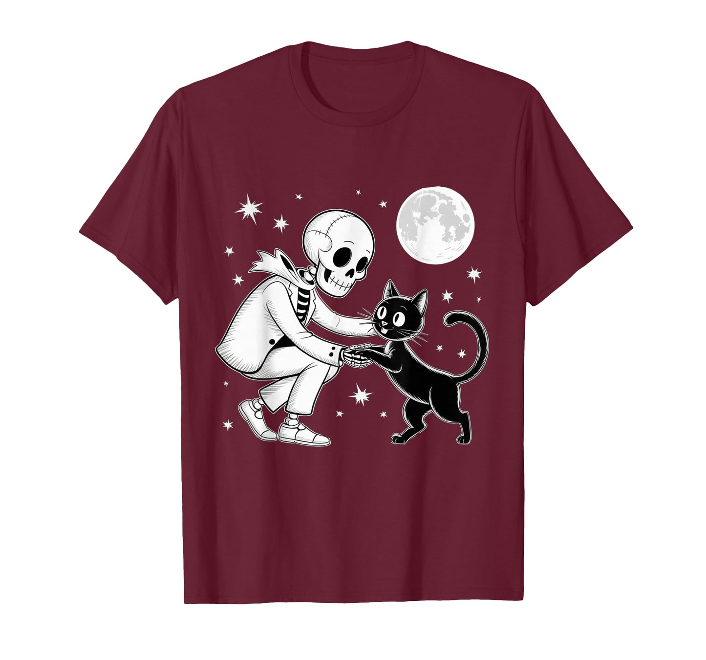 Skeleton Hugging Black Cat Under Full Moon Halloween T-Shirt