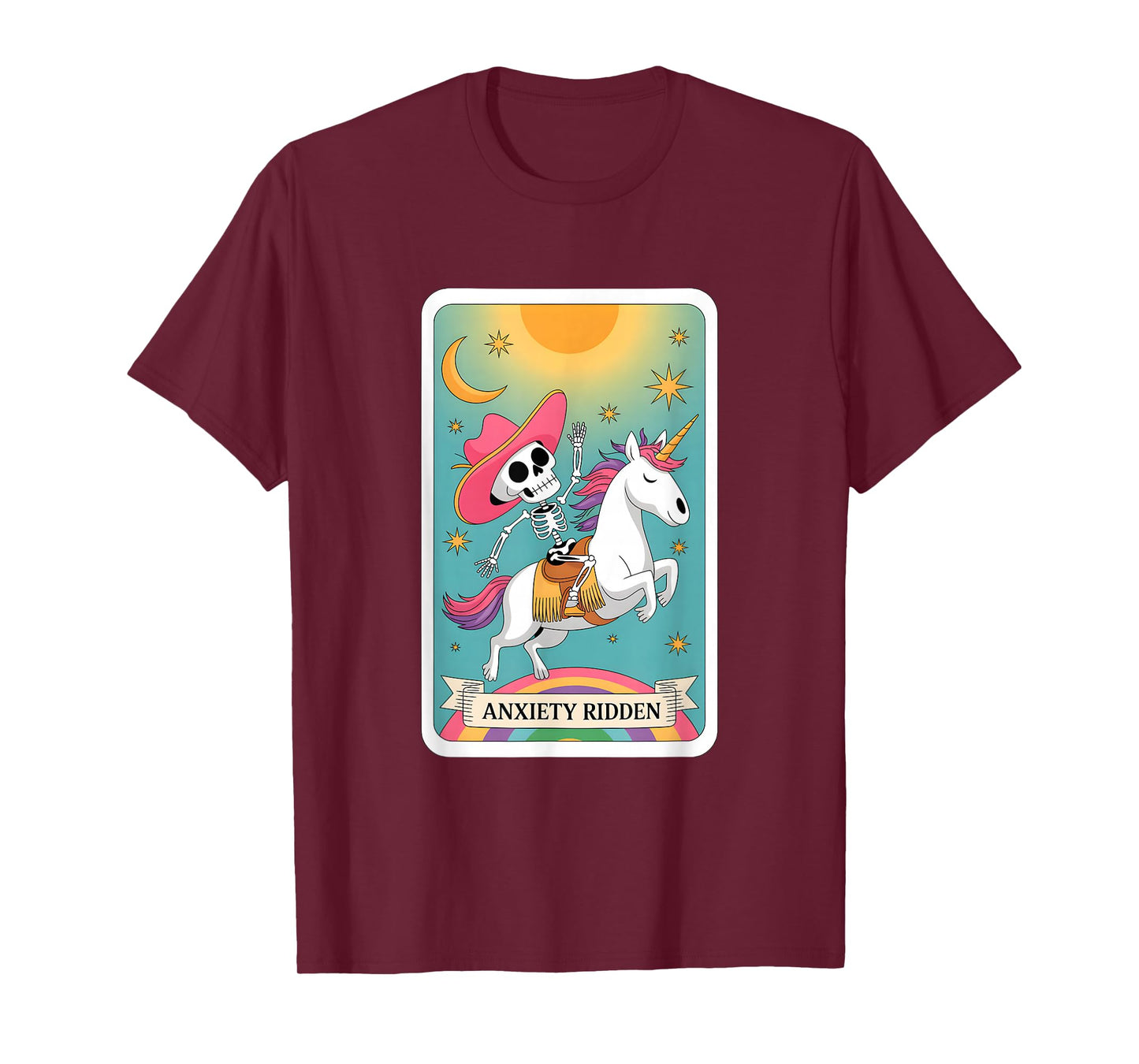Anxiety Ridden Skeleton Riding Unicorn Tarot T-Shirt