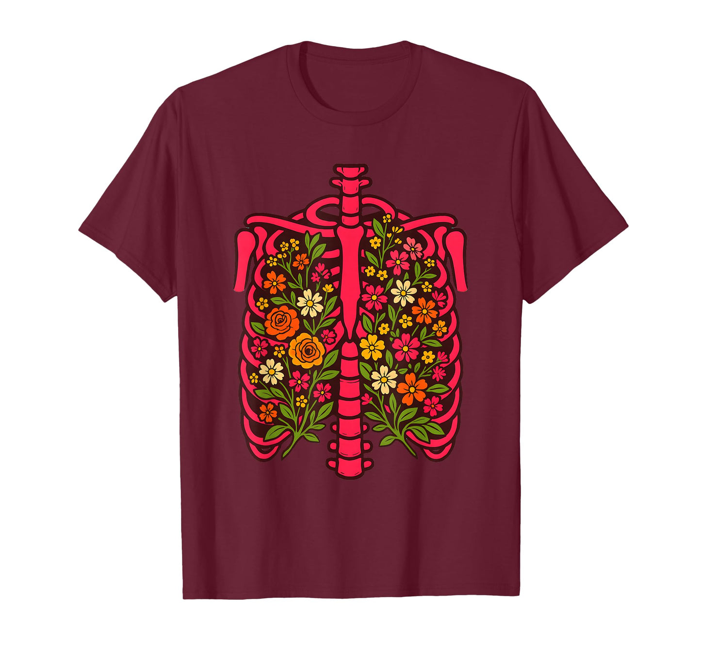 Floral Ribcage Anatomy Skeleton Flower Art Design, Halloween T-Shirt