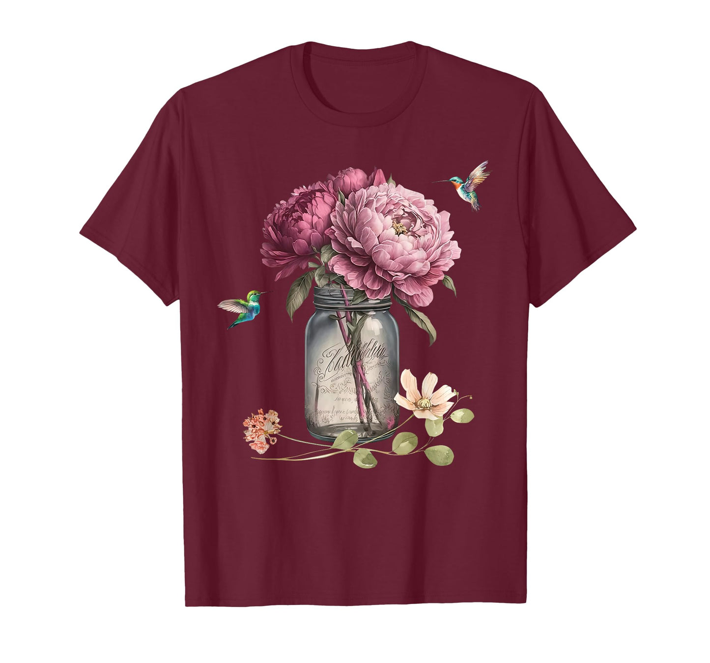 Retro Hummingbird Flower In Mason Jar Peony Flower Gardener T-Shirt