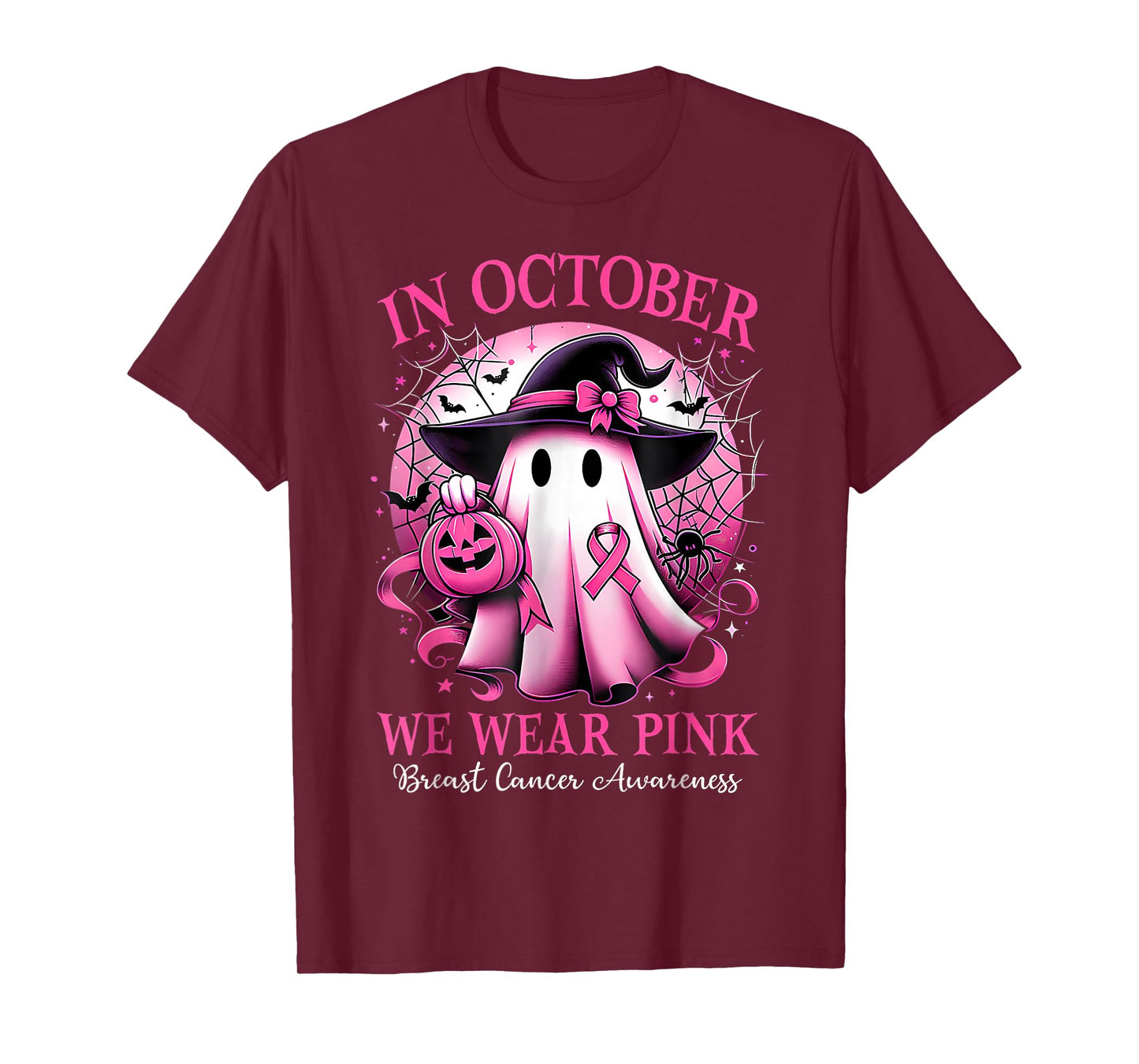 In October We Wear Pink Witch Ghost Breast Cancer Awareness T-Shirt