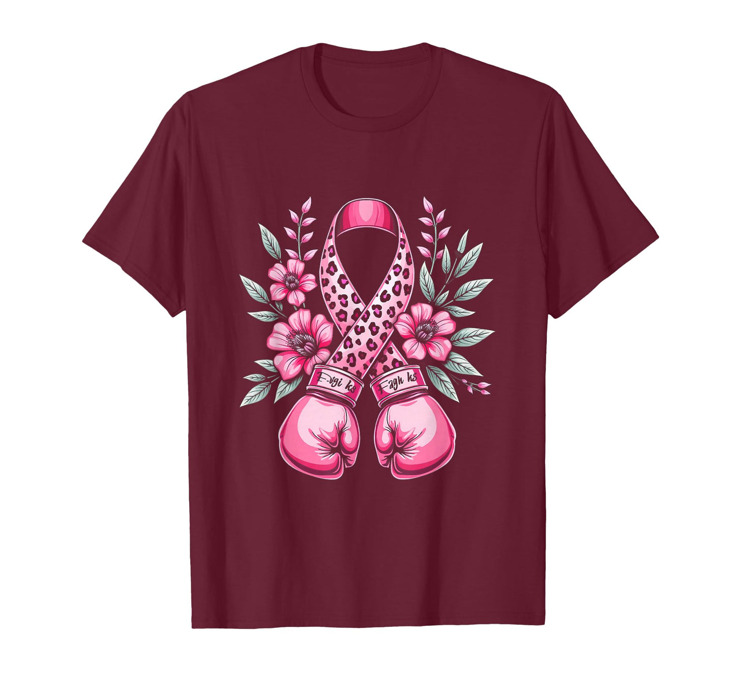 Pink Ribbon Leopard Print Boxing Gloves Breast Cancer Design T-Shirt