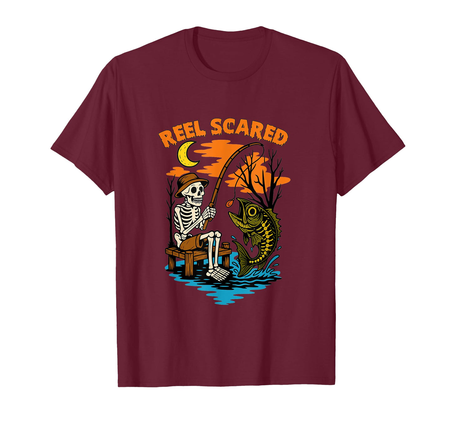 Reel Scared Halloween Fishing Funny Skeleton Fisherman Bass T-Shirt