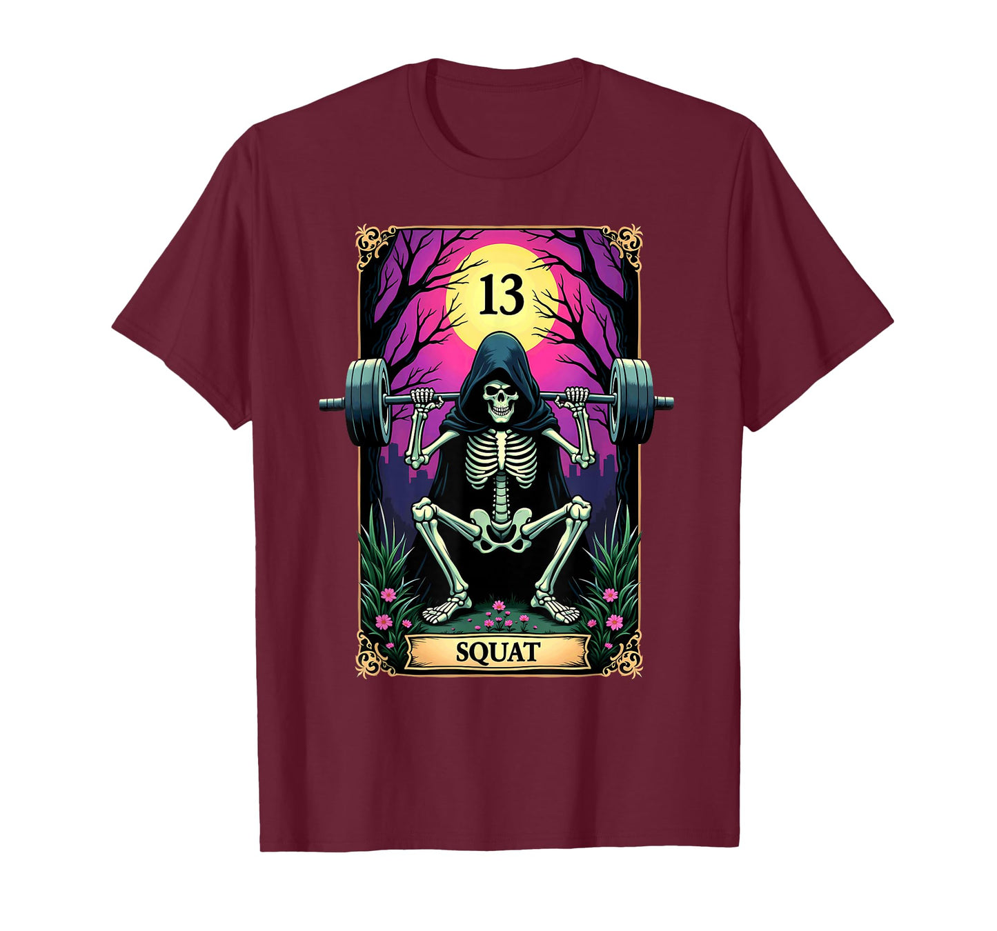 Gothic Tarot Card Skeleton Squat Weightlifting T-Shirt
