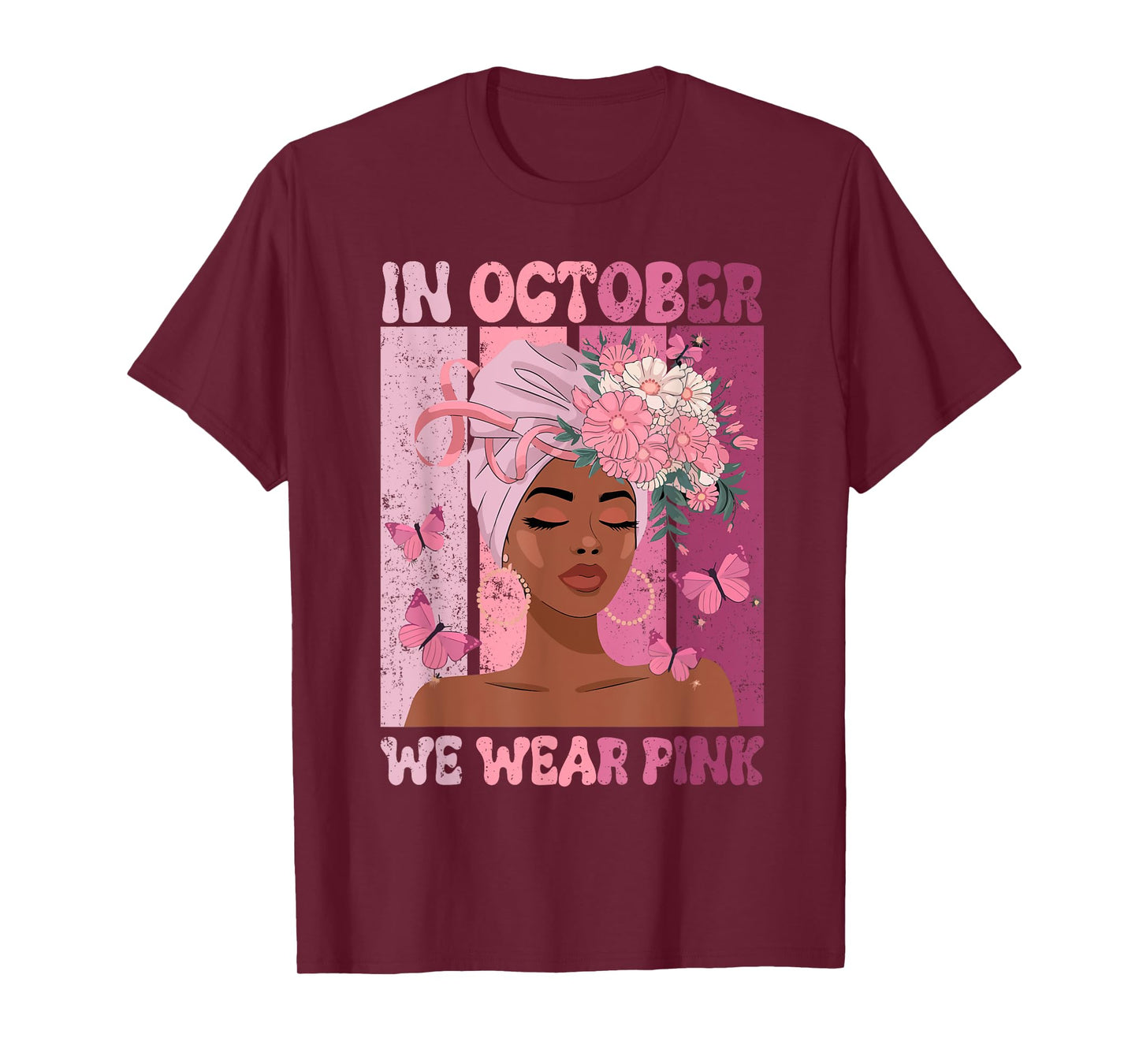 Black Woman In October We Wear Pink Ribbon Breast Cancer T-Shirt