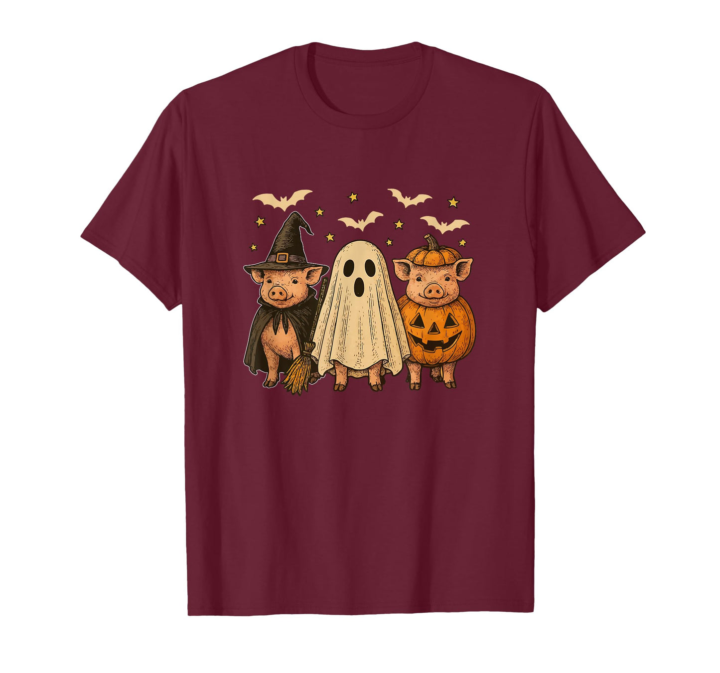 Three Halloween Pigs Cosplay Witch Boo Carved Pumpkin T-Shirt