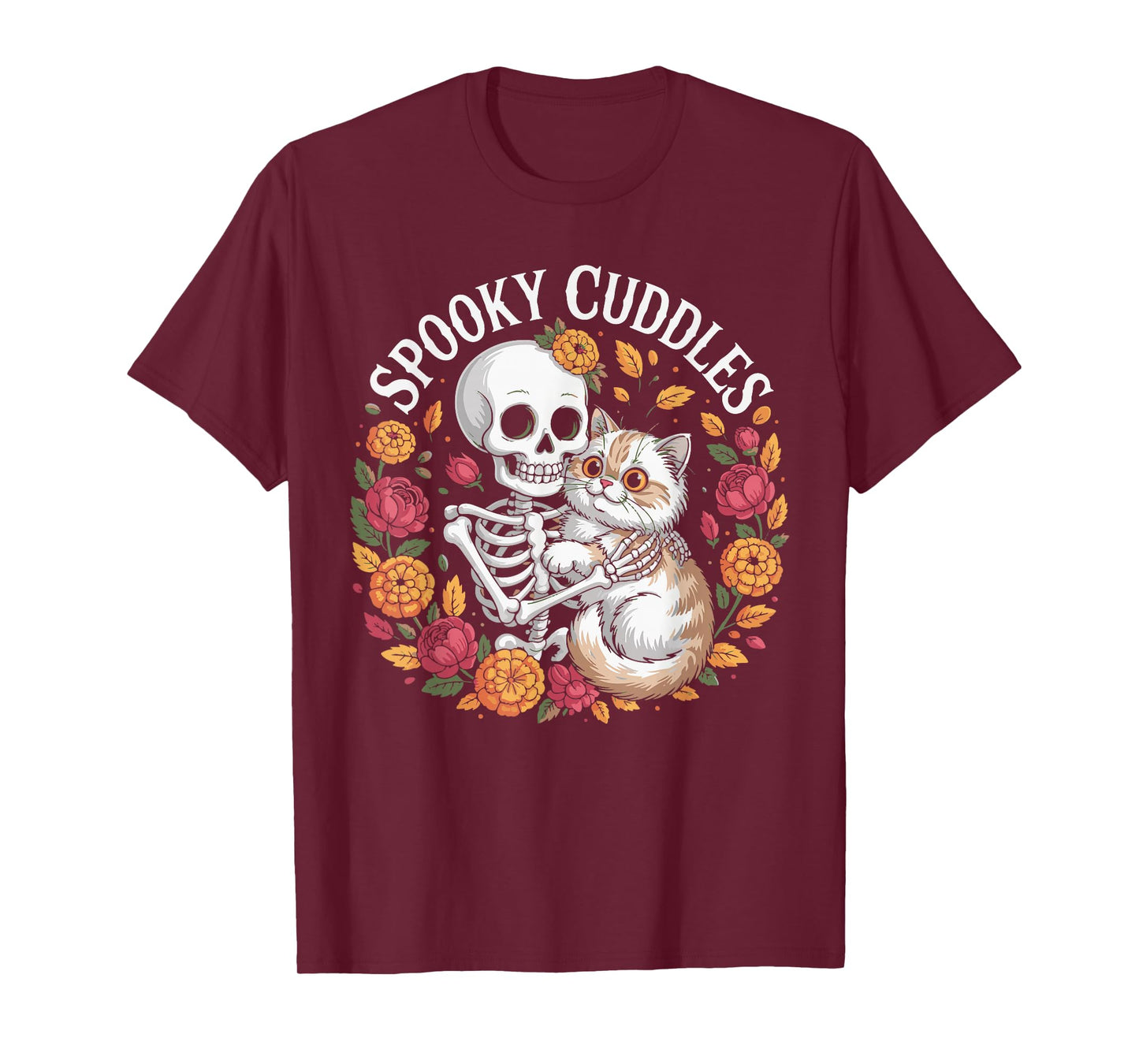 Skeleton Hugging Cat Floral Spooky Halloween Outfit Women T-Shirt