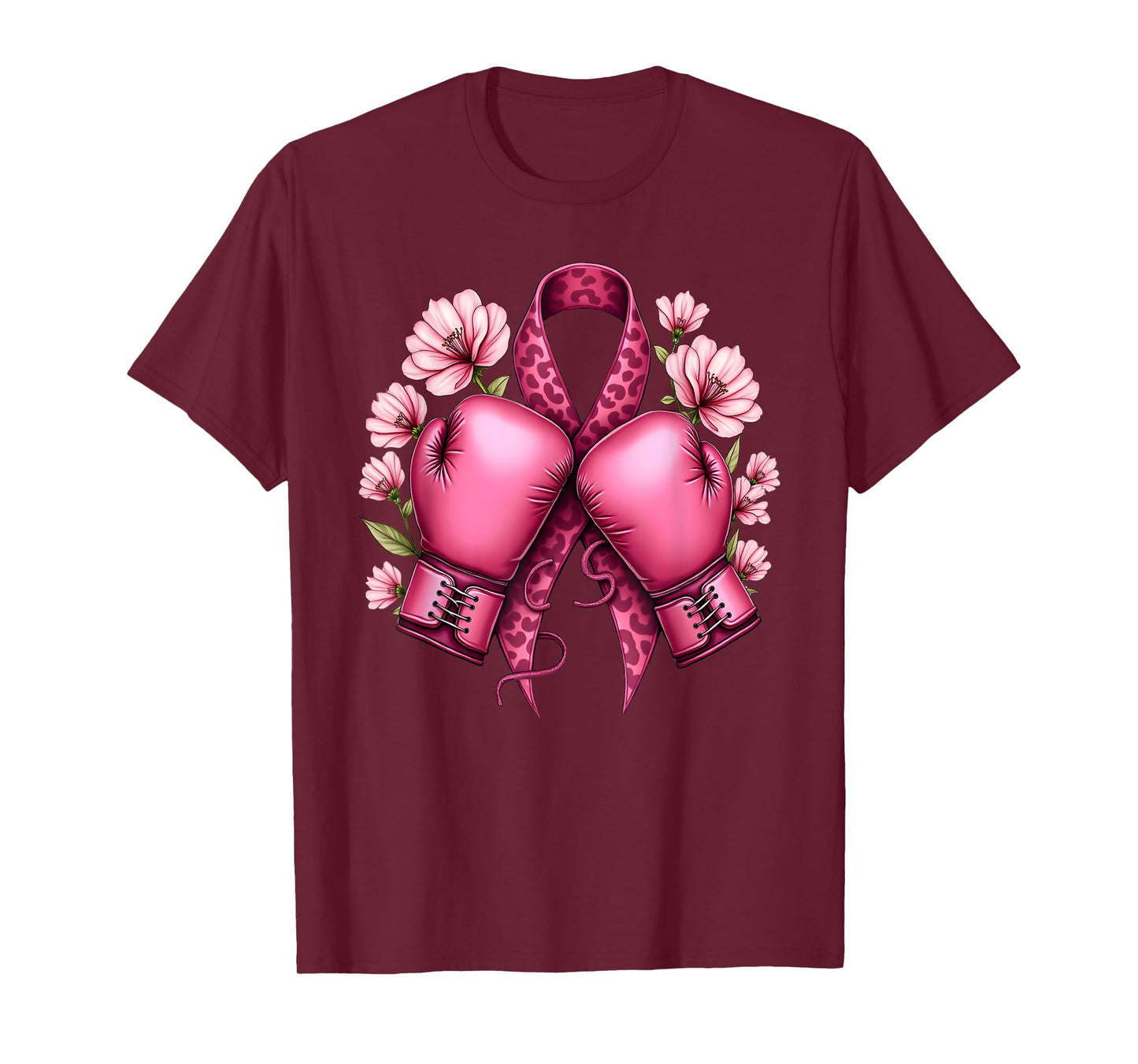 Leo Print Pink Ribbon Boxing Gloves Breast Cancer Awareness T-Shirt
