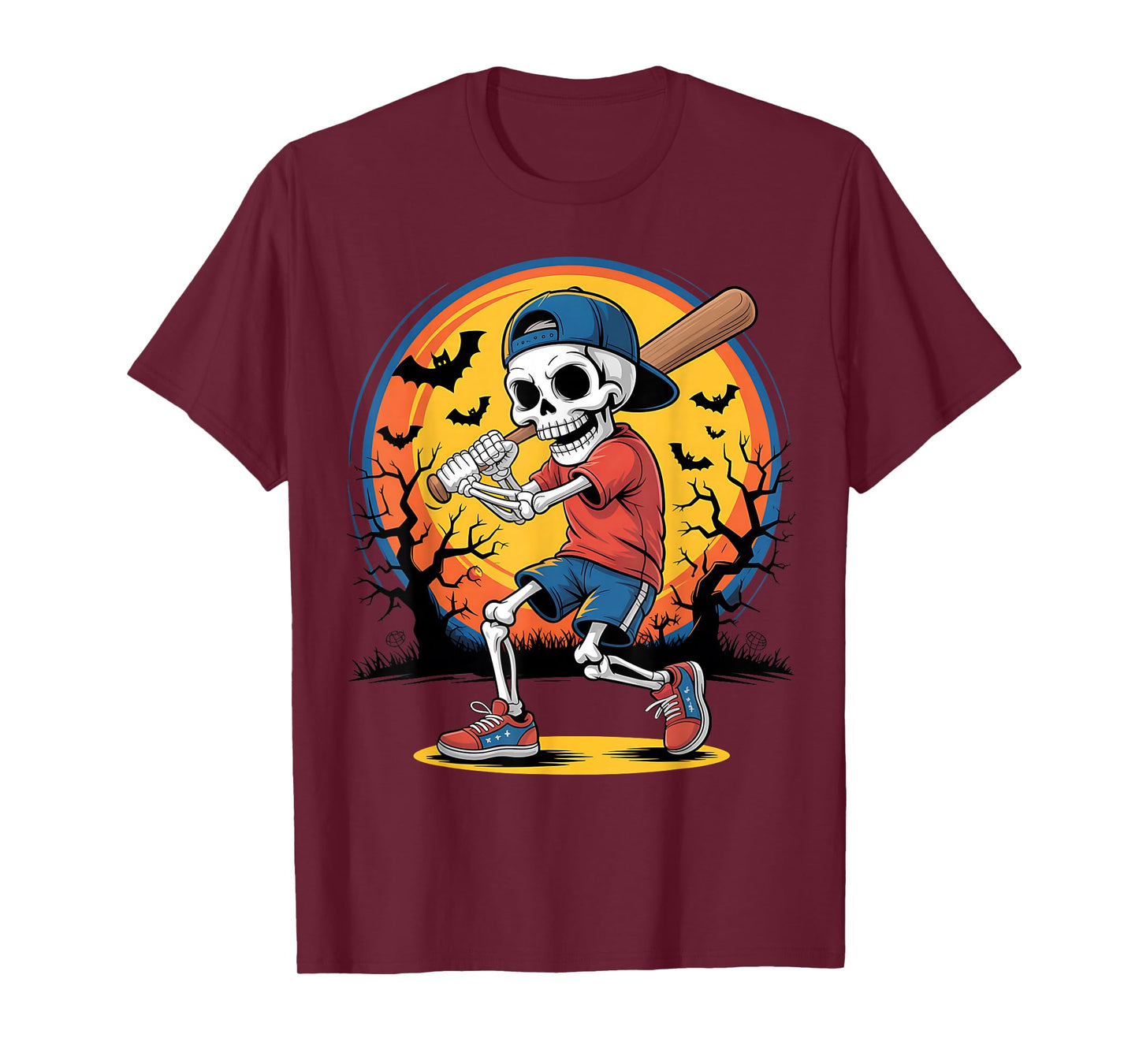 Skeleton Baseball Kid Halloween Pumpkin Sport Costume T-Shirt