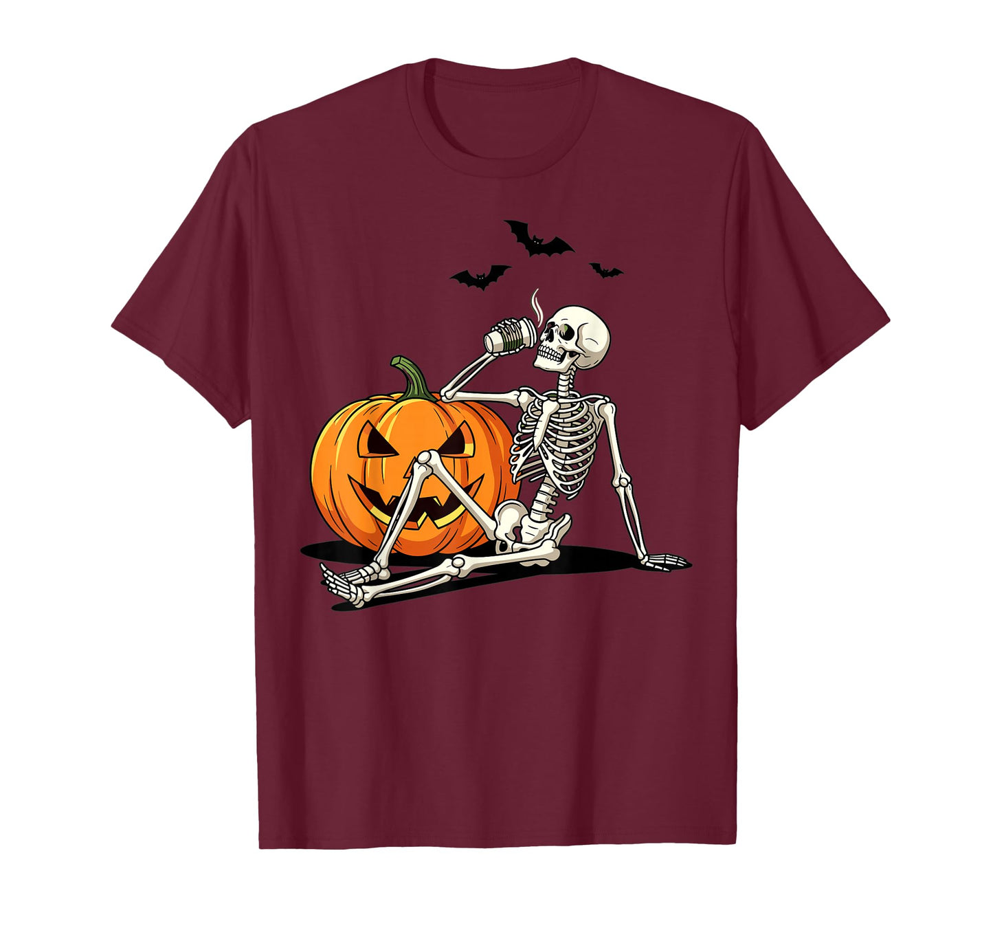 Skeleton Pumpkin Halloween Bat Drinking Spooky Vibe T-Shirt