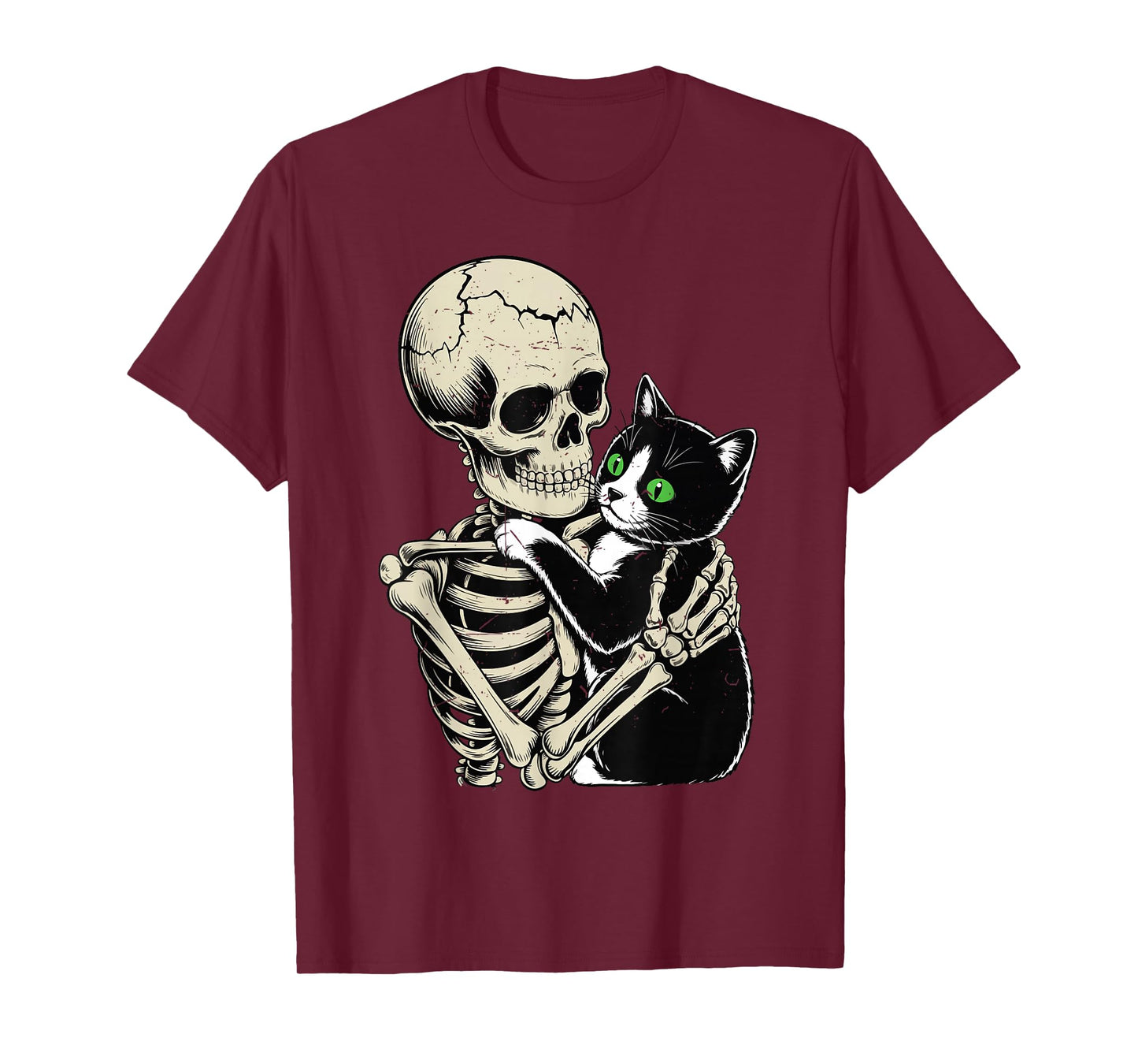 Skeleton Hugging Tuxedo Cat Funny Halloween Cat Dad Mom Gift T-Shirt
