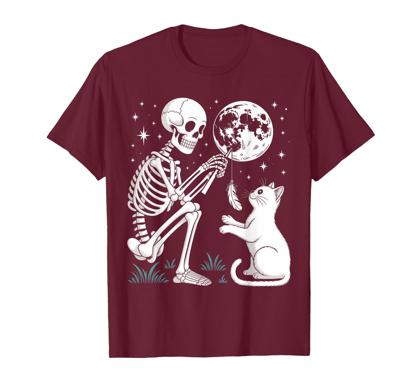 Skeleton Cat Moon Night Halloween Funny Cute Men Women Girls T-Shirt