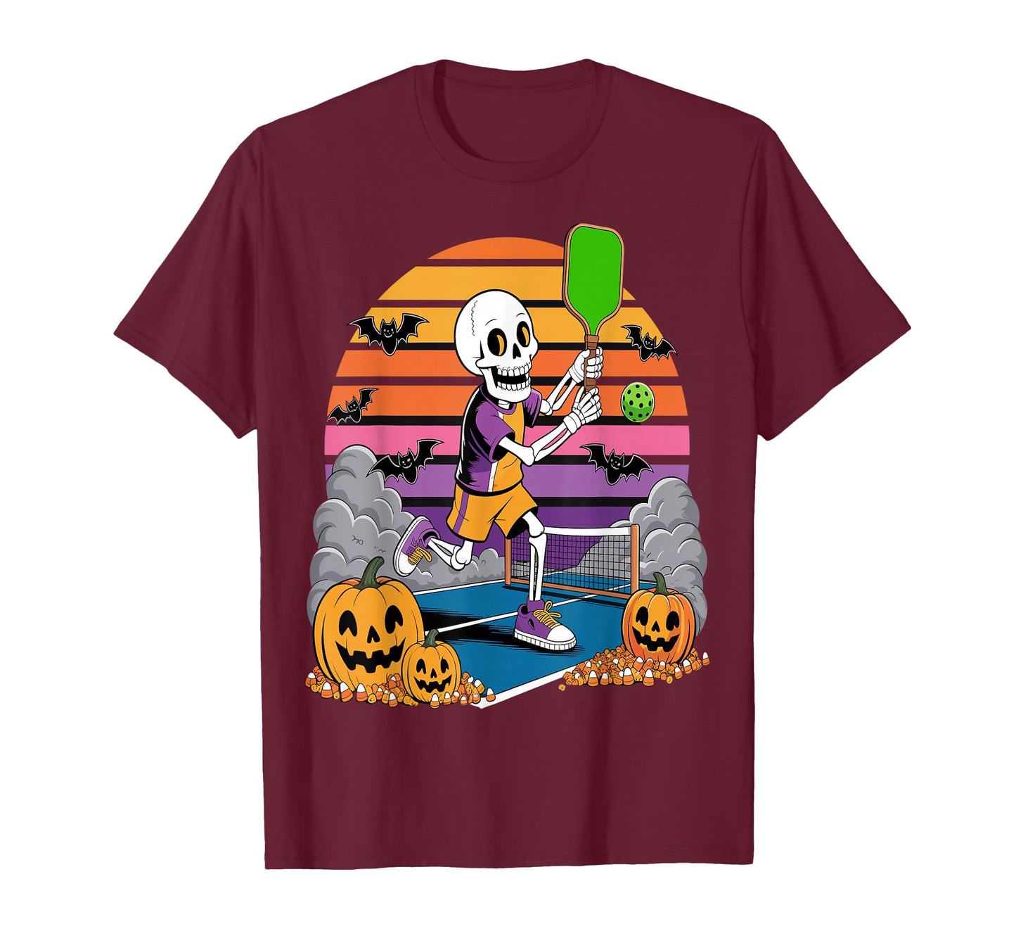Pumpkin Skeleton Halloween Pickleball Spooky Sports T-Shirt