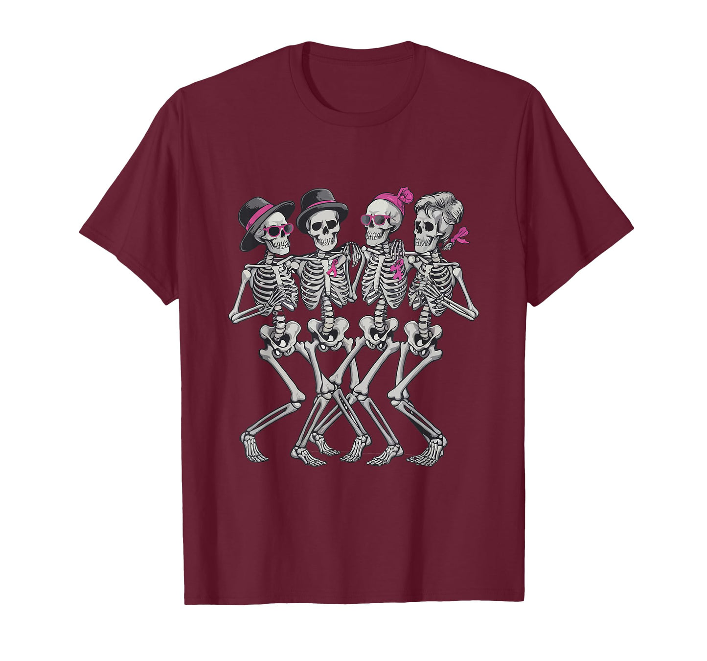 Pink Ribbon Skeleton Halloween Breast Cancer Awareness T-Shirt