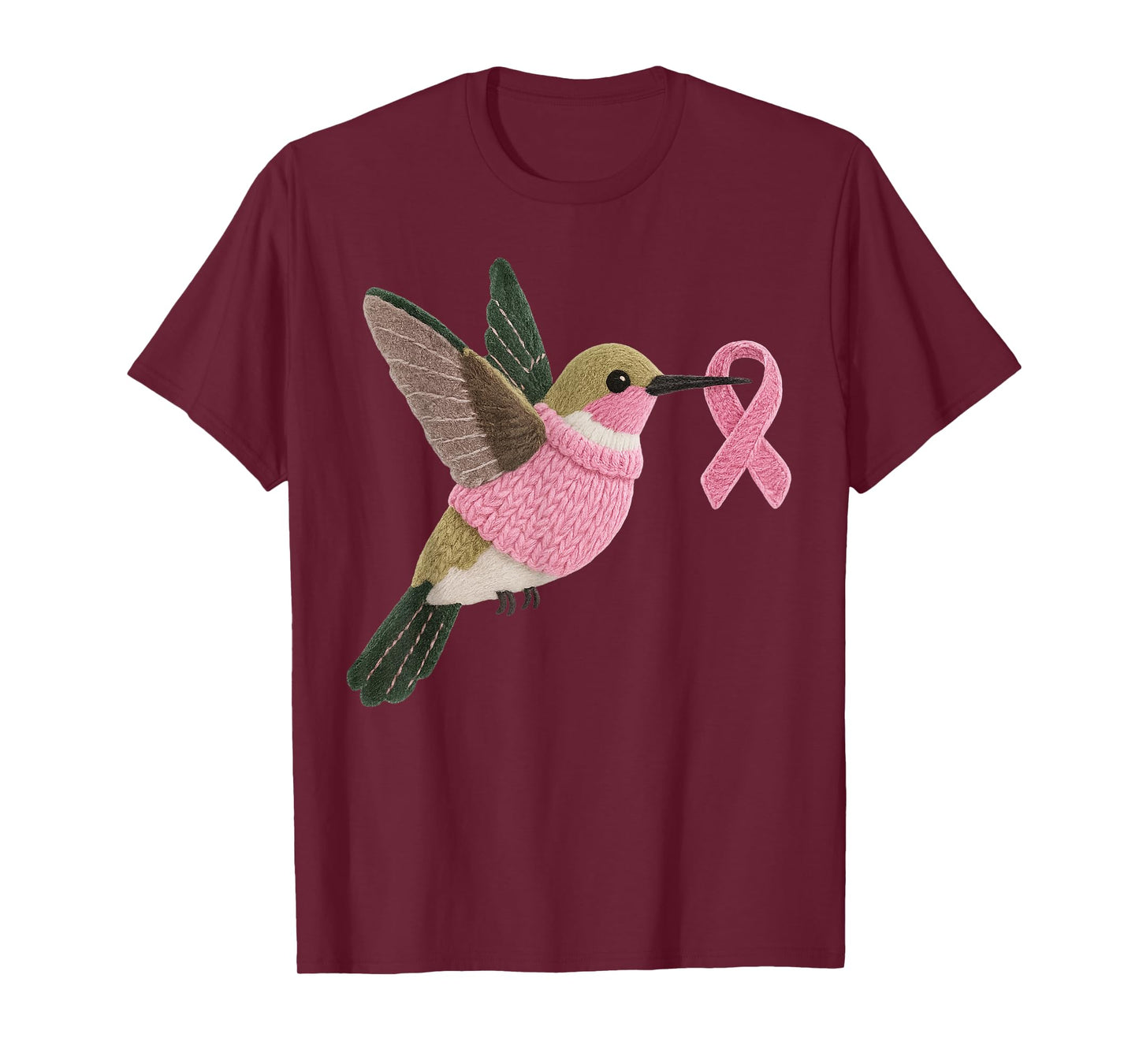 Hummingbird Pattern Felt Art Pink Ribbon Breast Cancer T-Shirt