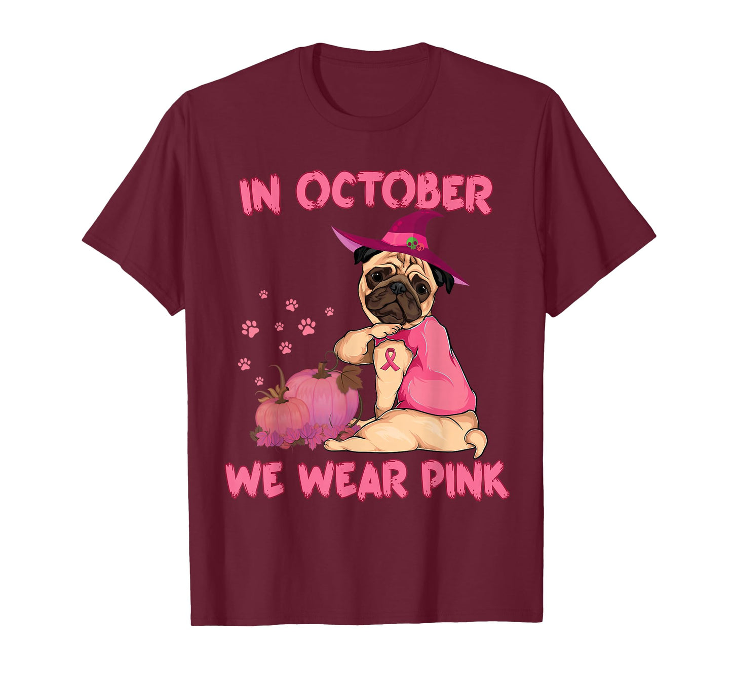 In October We Wear Pink Pug Dog Breast Cancer Halloween T-Shirt